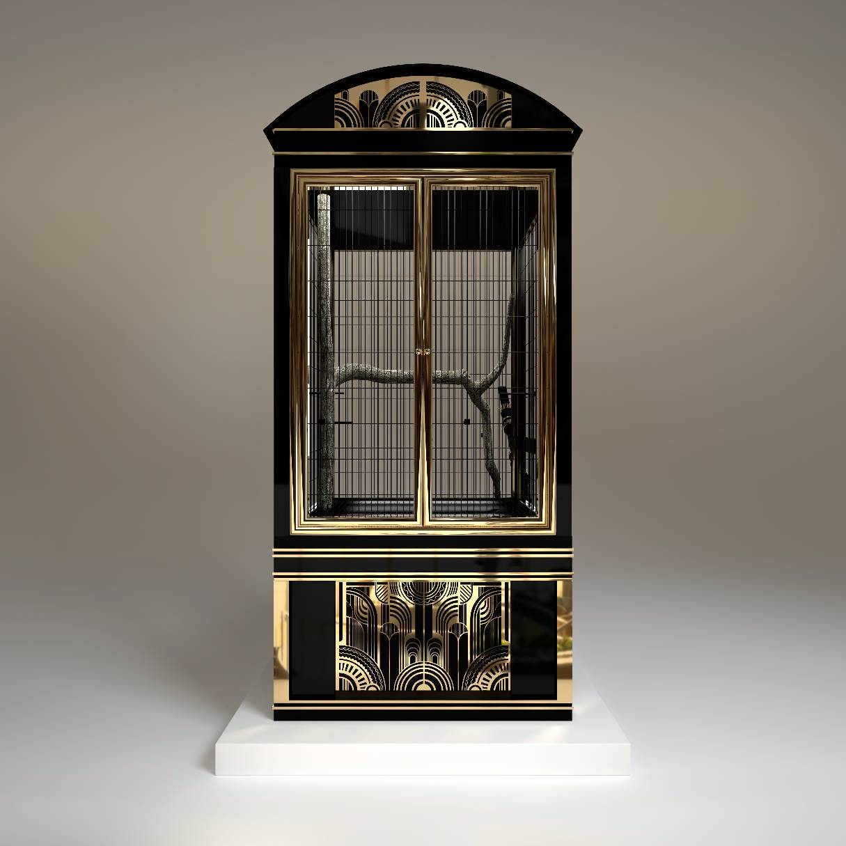 "Grand front view of Le Palais architectural bird palace, featuring a massive royal designer frame and elite gold inspired by art deco finishes for an exotic indoor sanctuary."