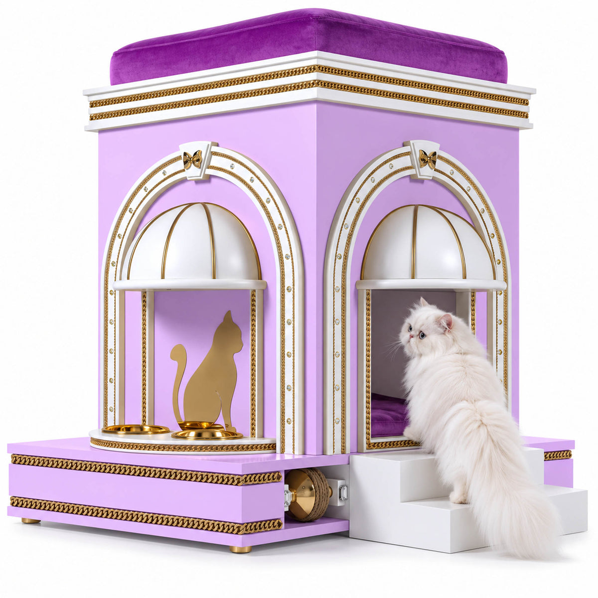A purple and white cat house styled like a grand palace, featuring two arched windows with gold trim, a purple velvet top, a gold cat silhouette decoration, and a white fluffy cat sitting on the steps.