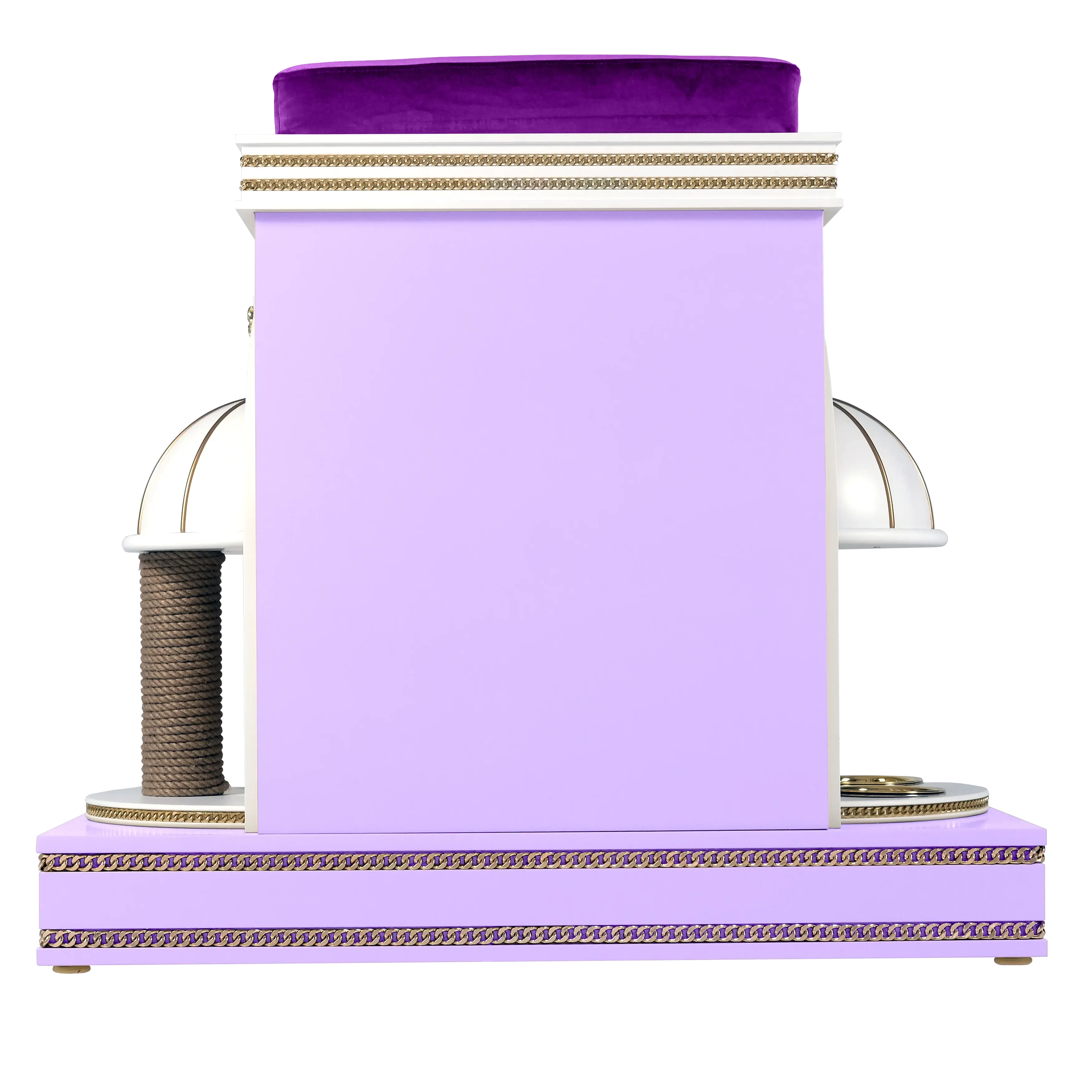 "Rear view of the LOLLY architectural cat house, showcasing unique leg support and the flawless balance of refined modern elegance and love."