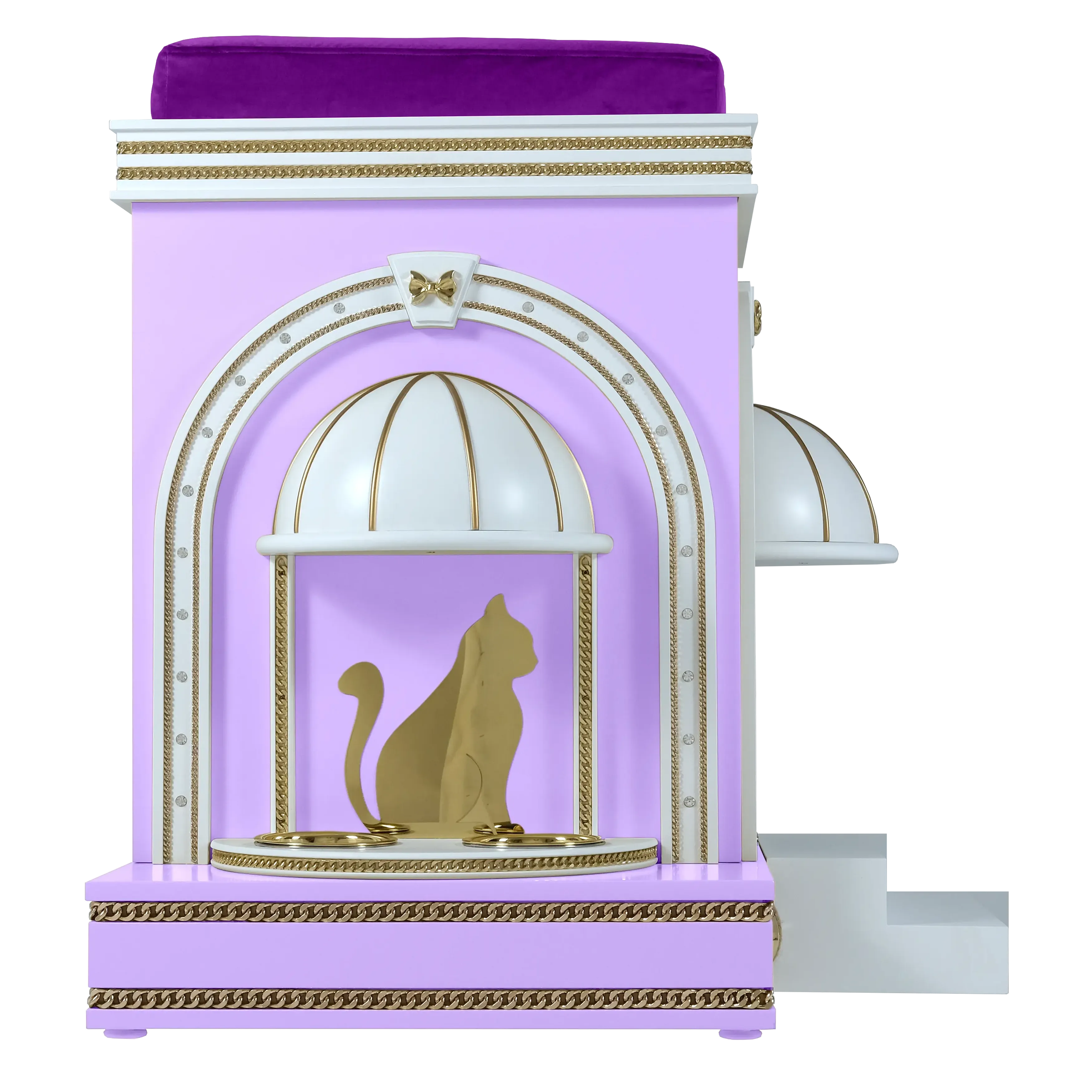"The LOLLY cat house featuring an integrated feeding station, blending functional designer luxury into a romantic architectural sanctuary."