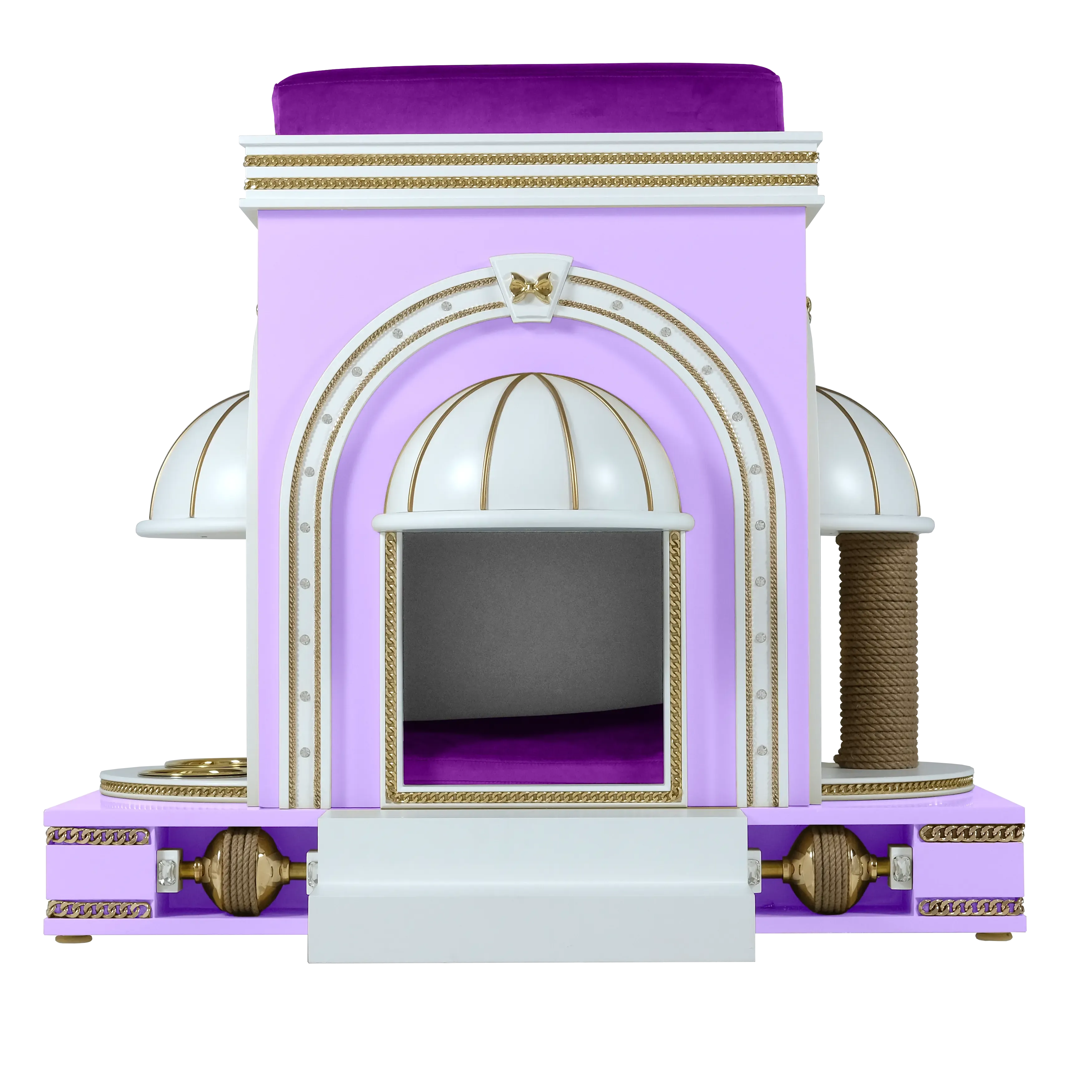 "Front view of the LOLLY luxury cat house, showcasing the romantic symmetry and elite FUROAR craftsmanship for a noble companion."