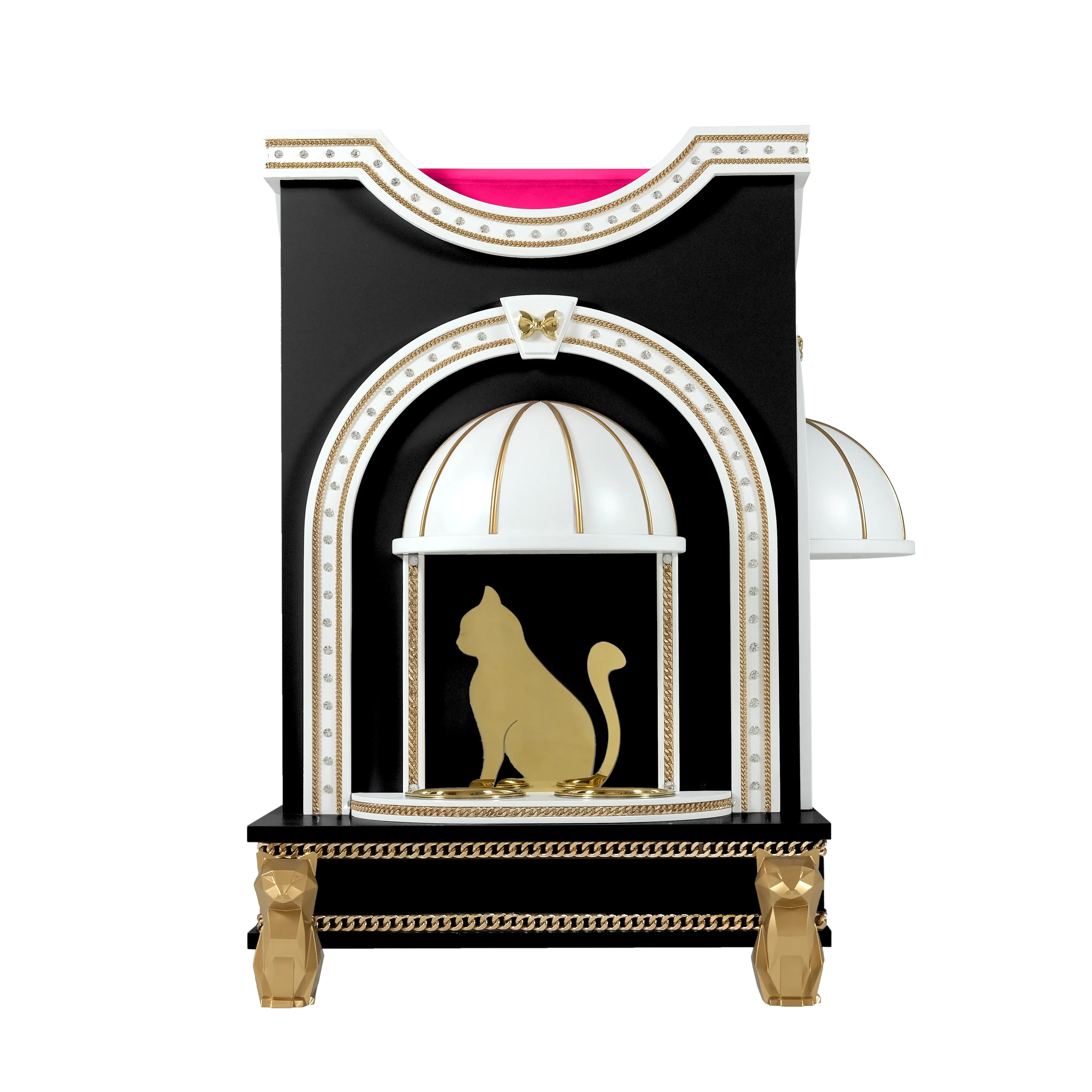 "POSHY luxury pet house featuring an integrated dining station, blending ultra-modern convenience with a royal designer aesthetic."