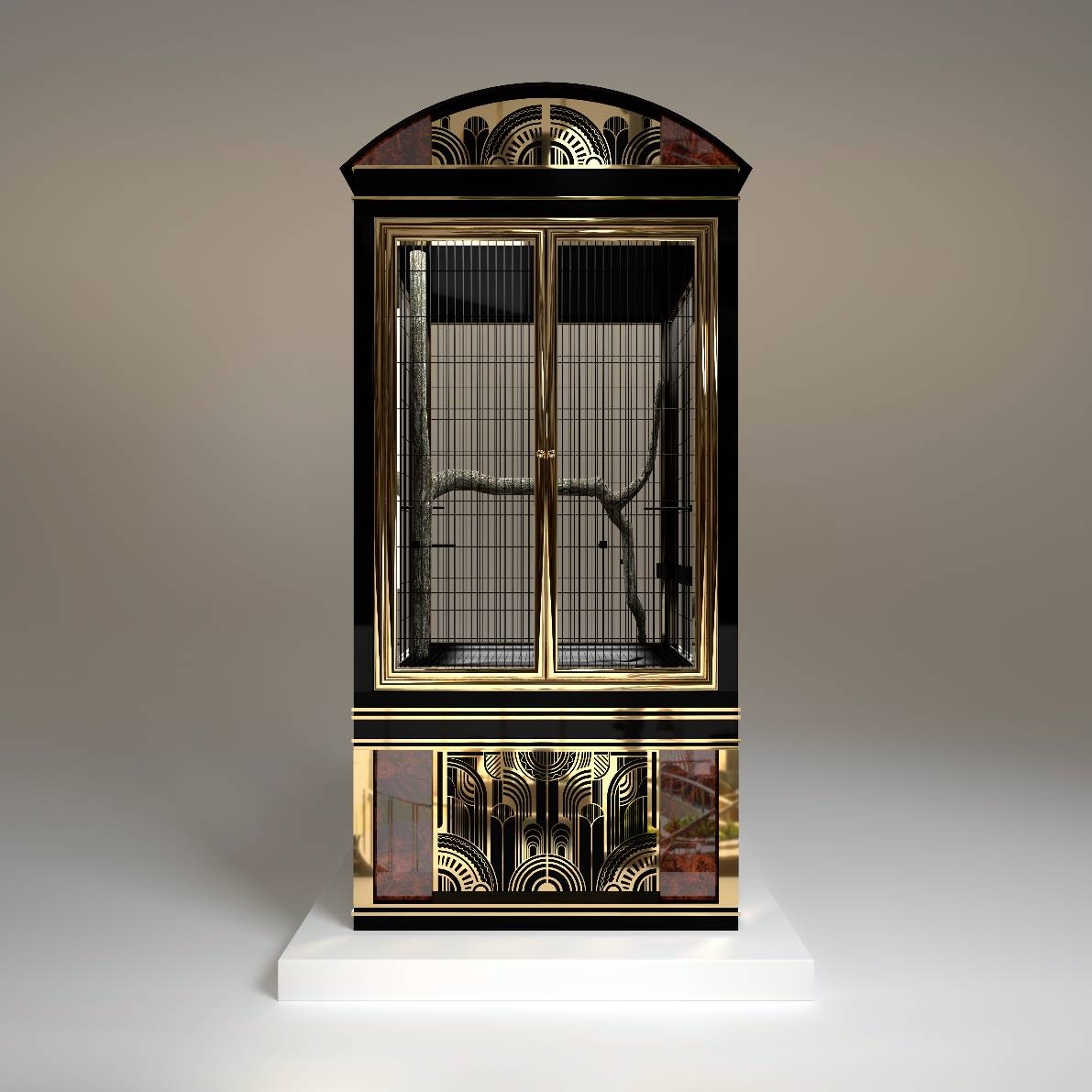 "Front view of the Maison Royale designer bird manor, featuring premium timber veneer finishes and a royal architectural frame for luxury indoor bird habitats."