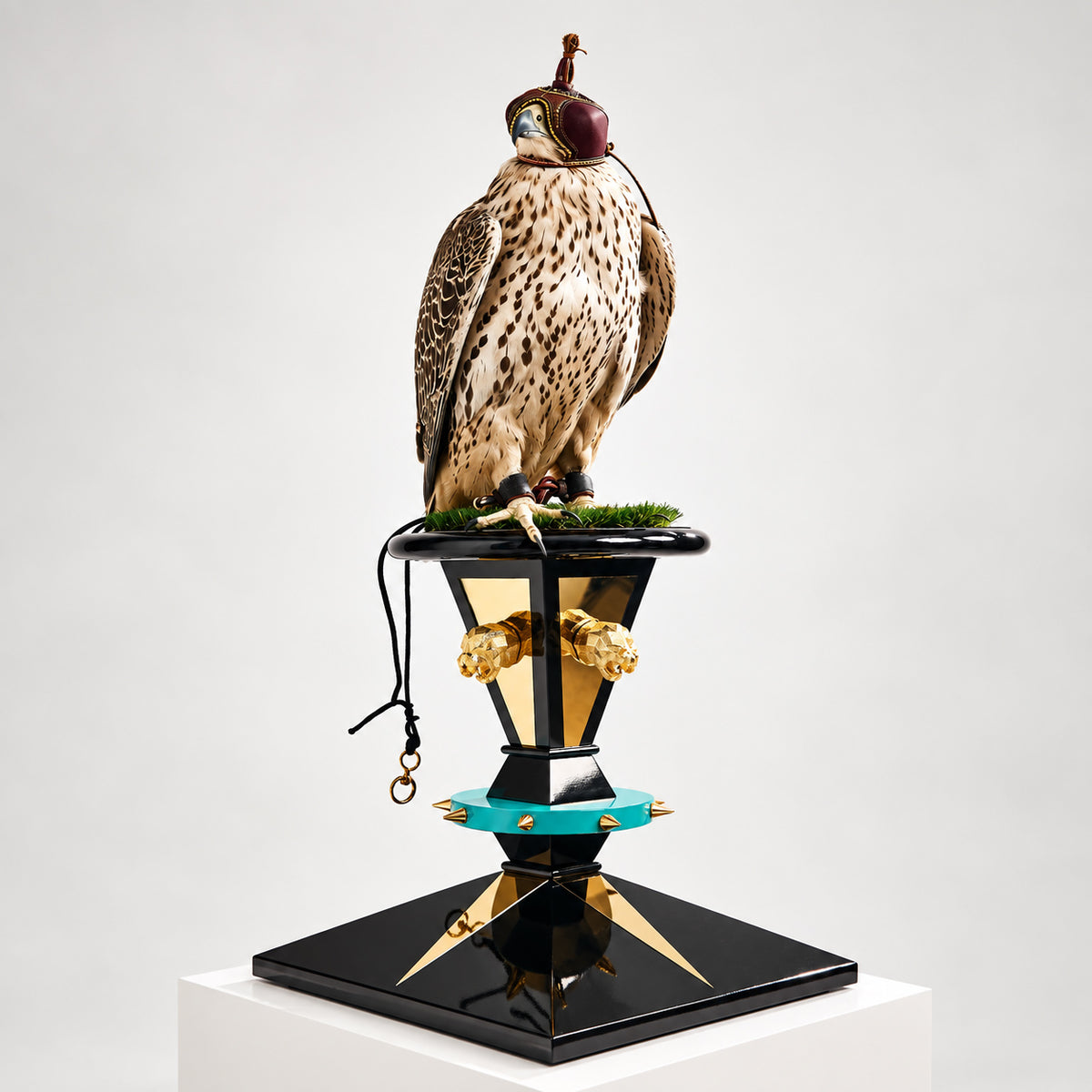 Hooded falcon perched on the FUROAR MALAKAR Imperial Falcon Perch, featuring a glossy black architectural base, gold geometric detailing, sculpted gold panther heads, turquoise accents, natural grass platform and traditional falconry jesses.