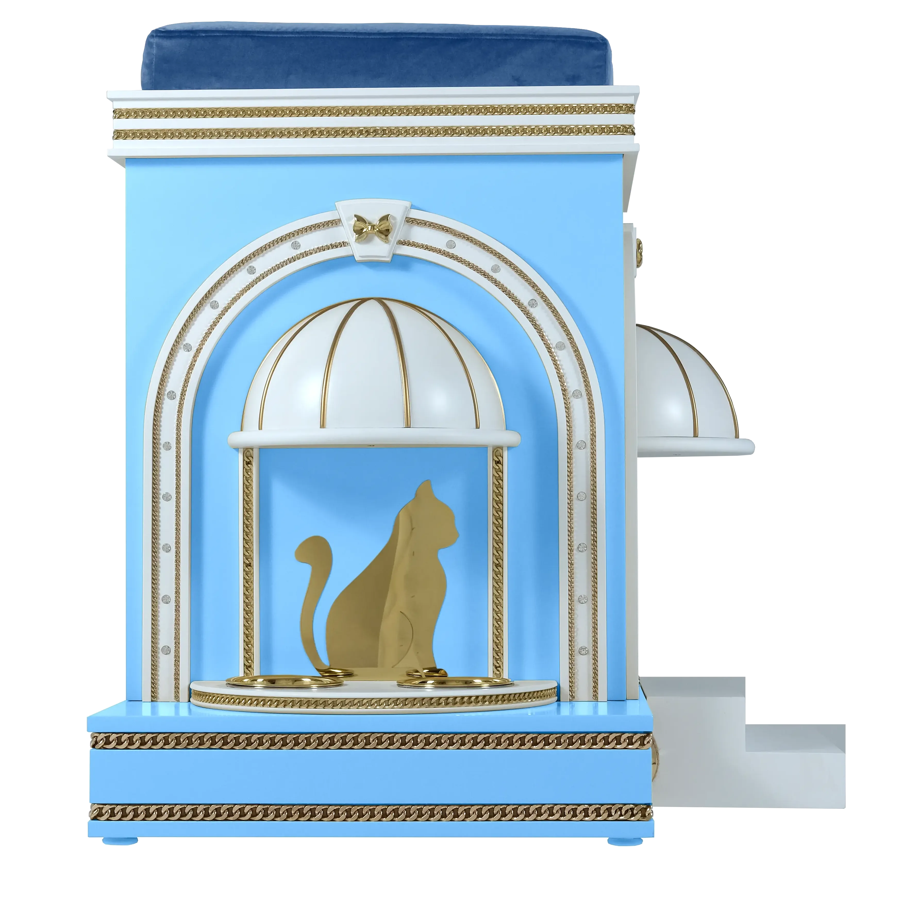 "The MALMAISON cat house featuring an integrated feeding station, blending functional designer luxury into a bespoke architectural sanctuary."