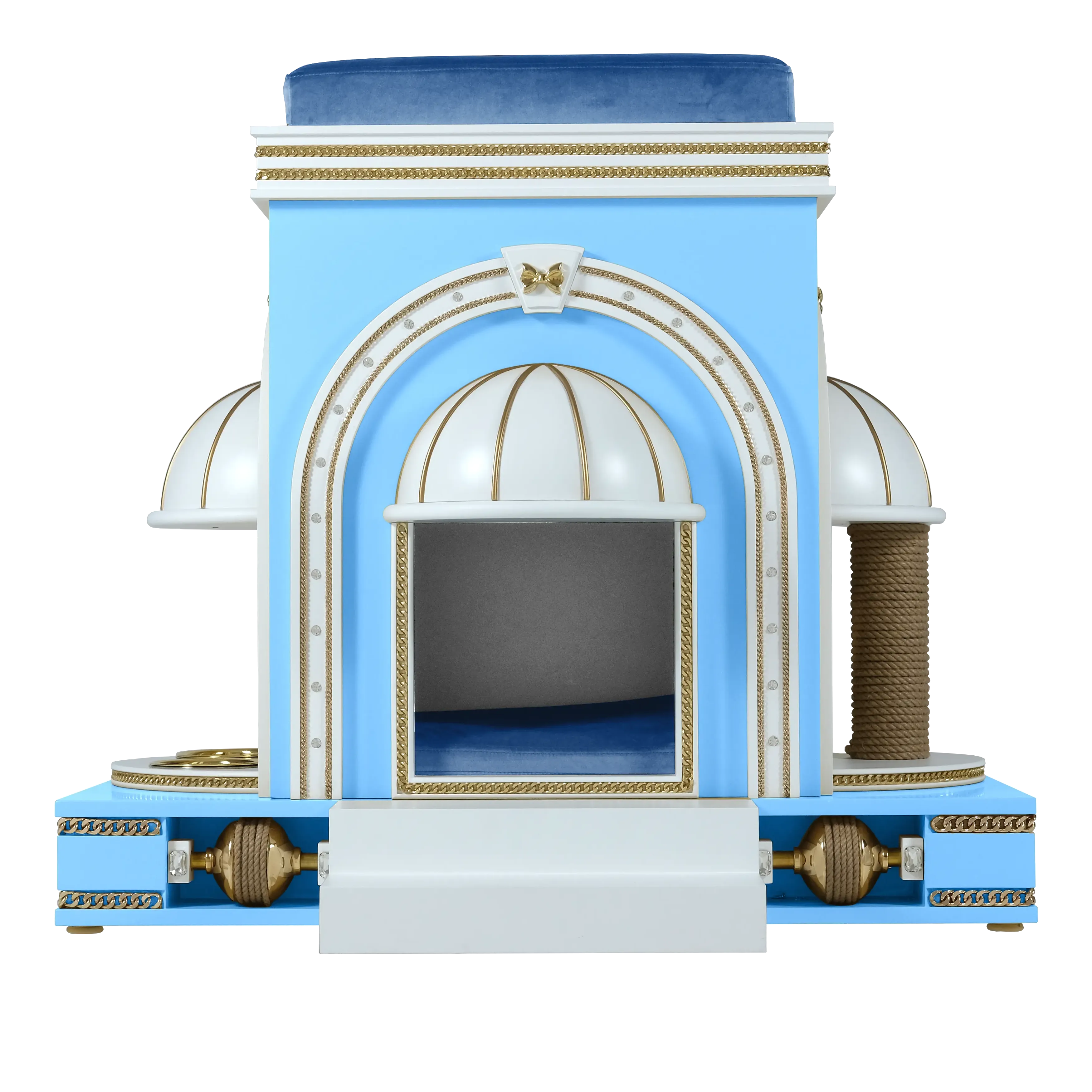 "Front view of the MALMAISON luxury cat house, showcasing the intricate designer symmetry and elite FUROAR craftsmanship for a noble companion."