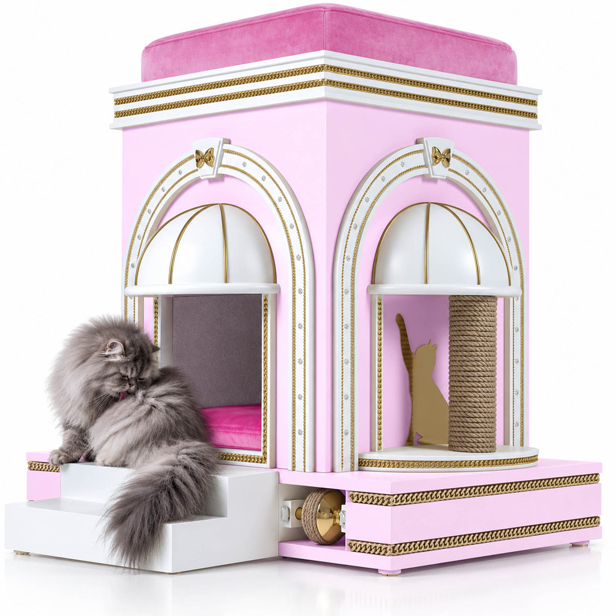 A fluffy gray cat sits on the front step of a pink and white cat tower with gold trim, featuring two arched cat beds, a scratching post, and a small storage compartment, photographed on a clean white background.