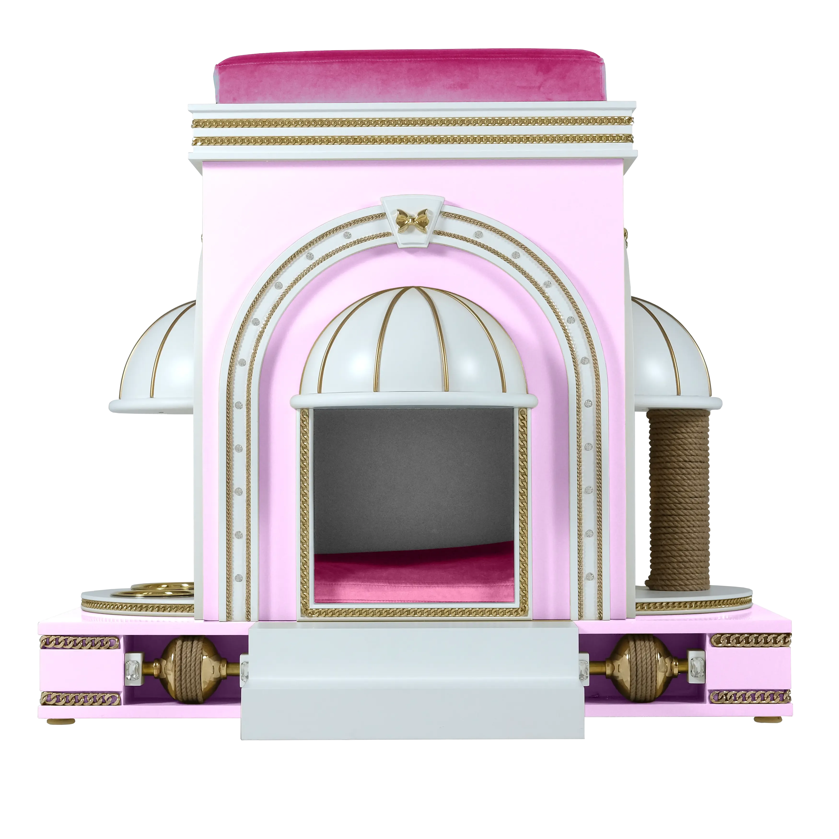 "Front view of the MUFFIN CAKES designer luxury cat house, showcasing the spectacular symmetry and elite FUROAR craftsmanship for a noble companion."