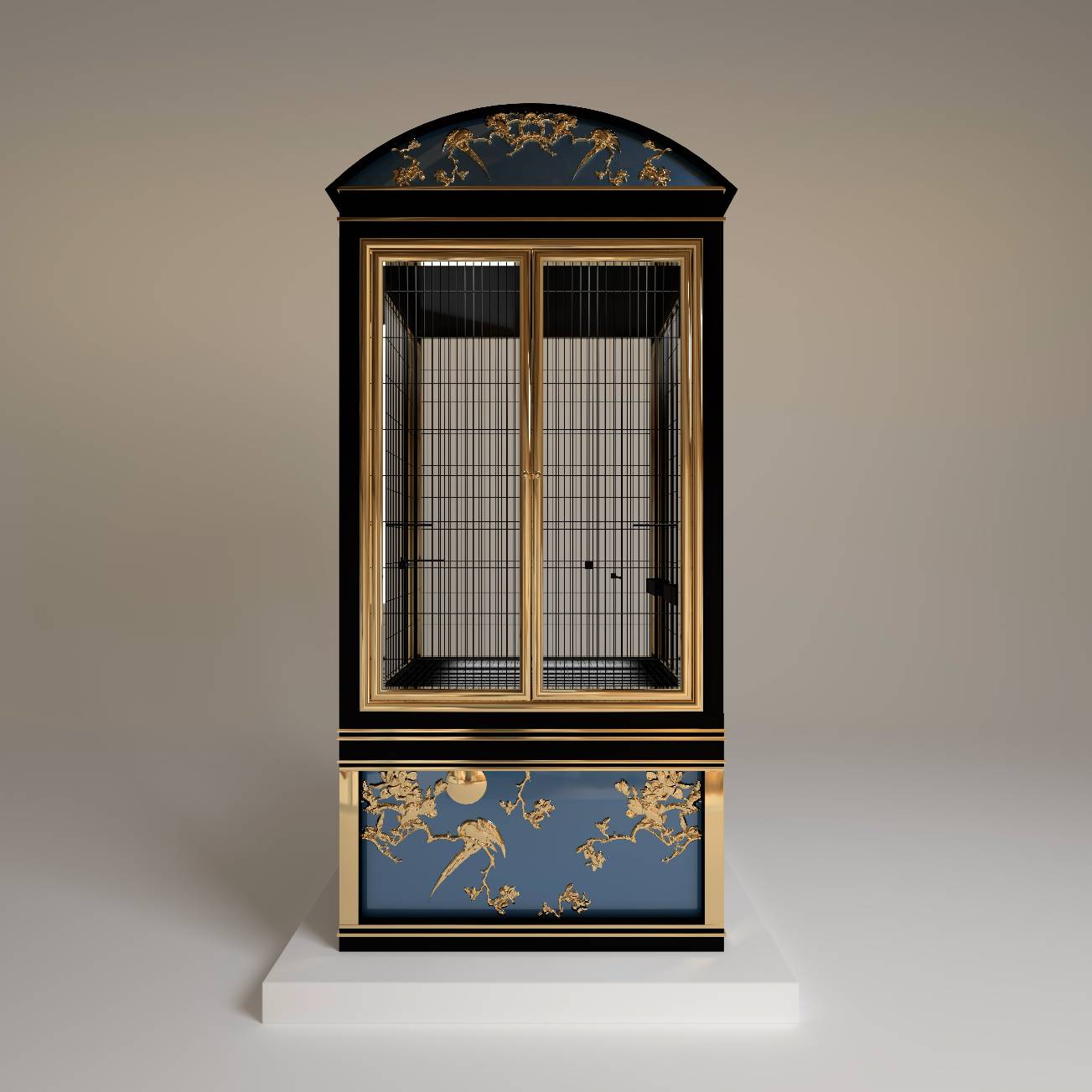 "Elegant front view of the Petit Salon luxury bird cage, a royal designer sanctuary specifically crafted for exotic birds in high-end indoor settings."
