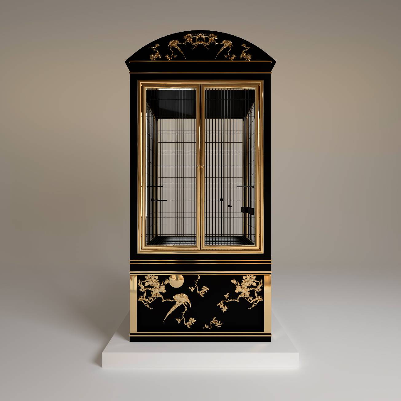 "Front perspective of the Salon d’Or luxury bird cage, a royal designer indoor aviary featuring gold metal inlay for high-end home decor."