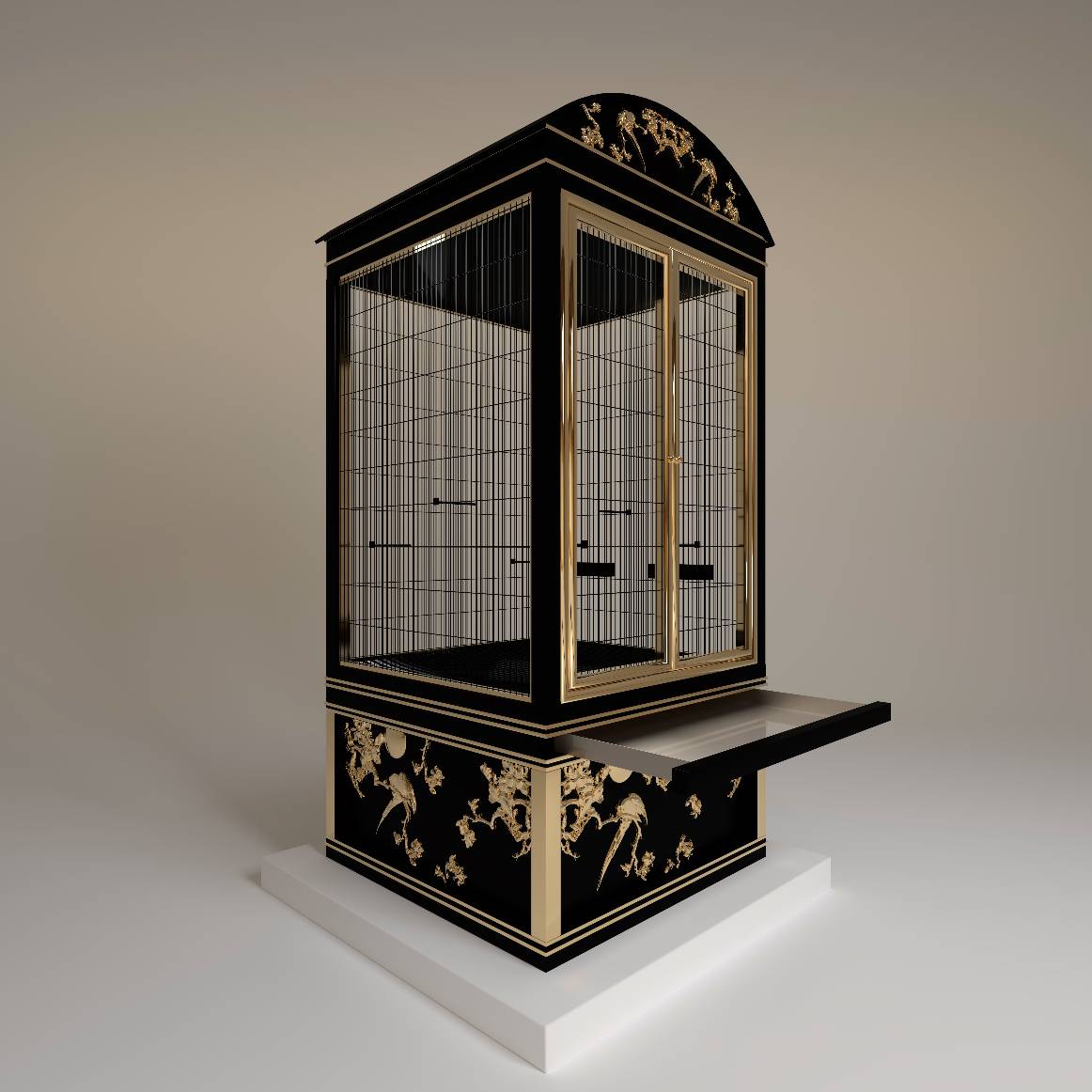 Petit Tresor luxury bird cage by FUROAR perspective view pull-out cleaning tray easy maintenance 