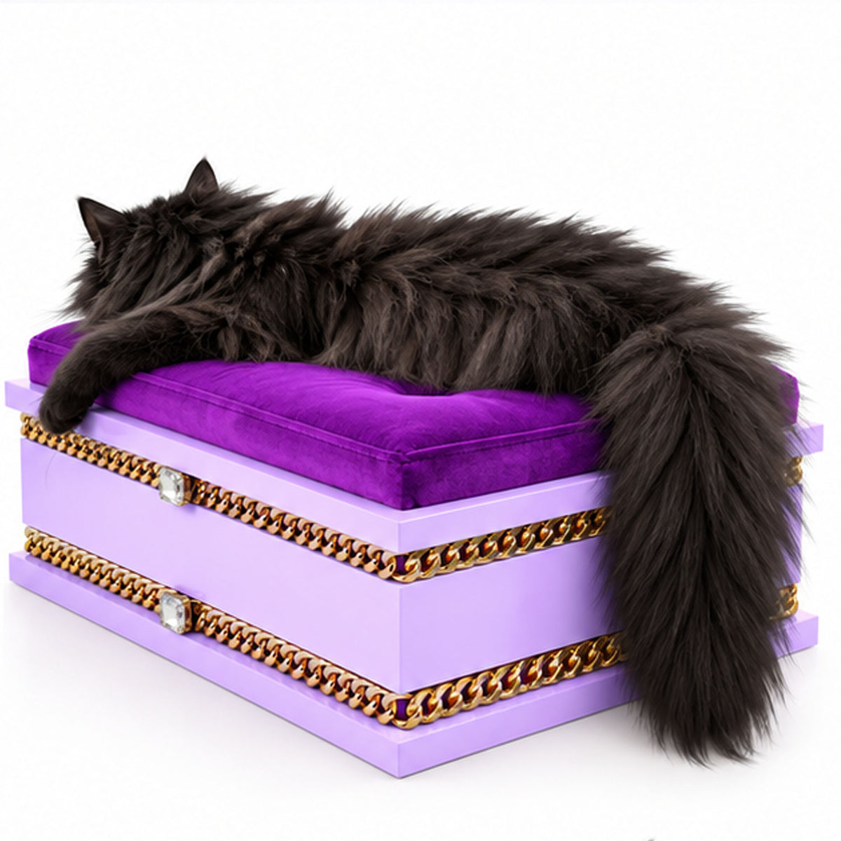 Long-haired black Persian cat lounging on a FUROAR Plum luxury cat bed with purple velvet cushion and gold chain detailing.