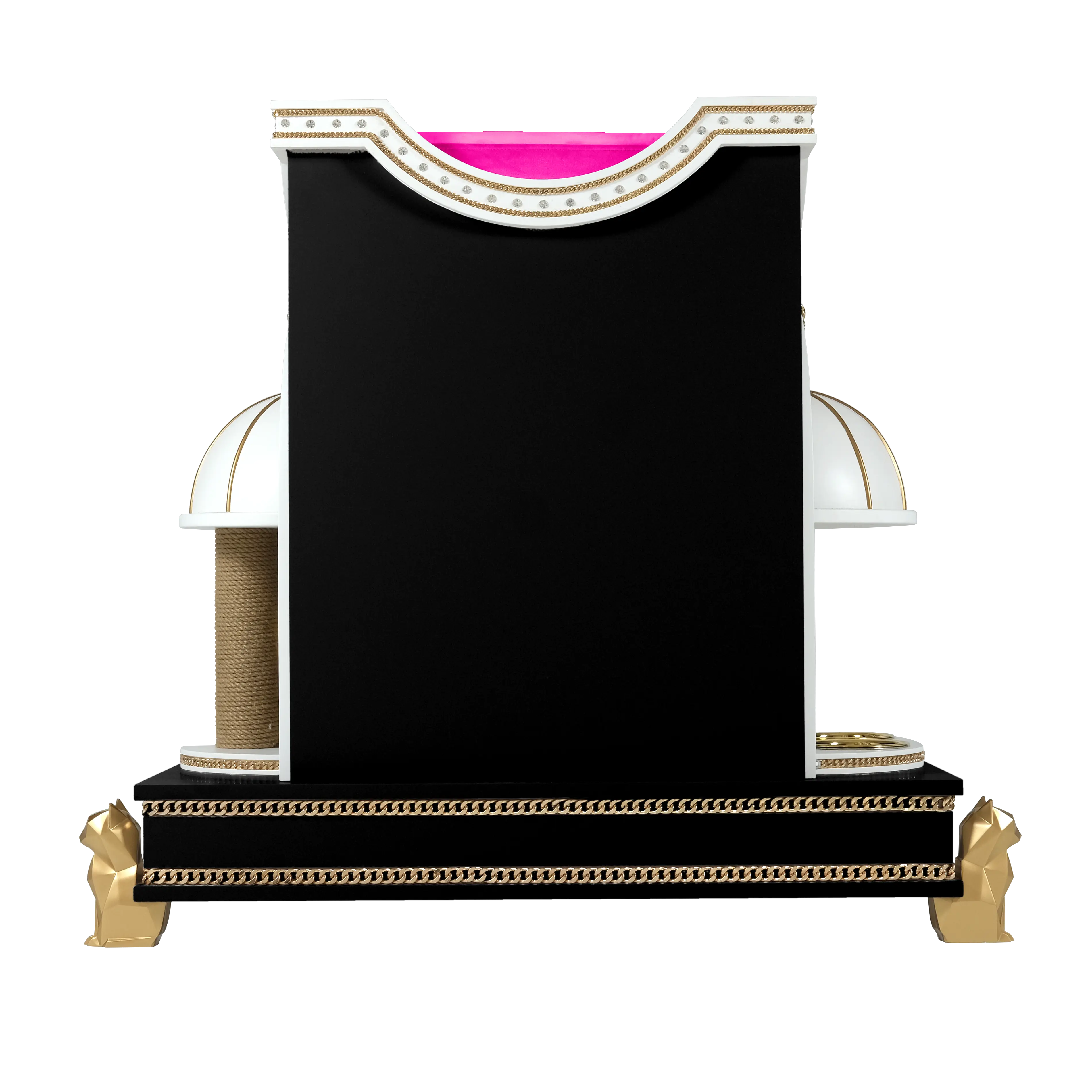 "Rear view of the POSHY designer cat house, showcasing the unique leg structure and the flawless balance of refined modern elegance."