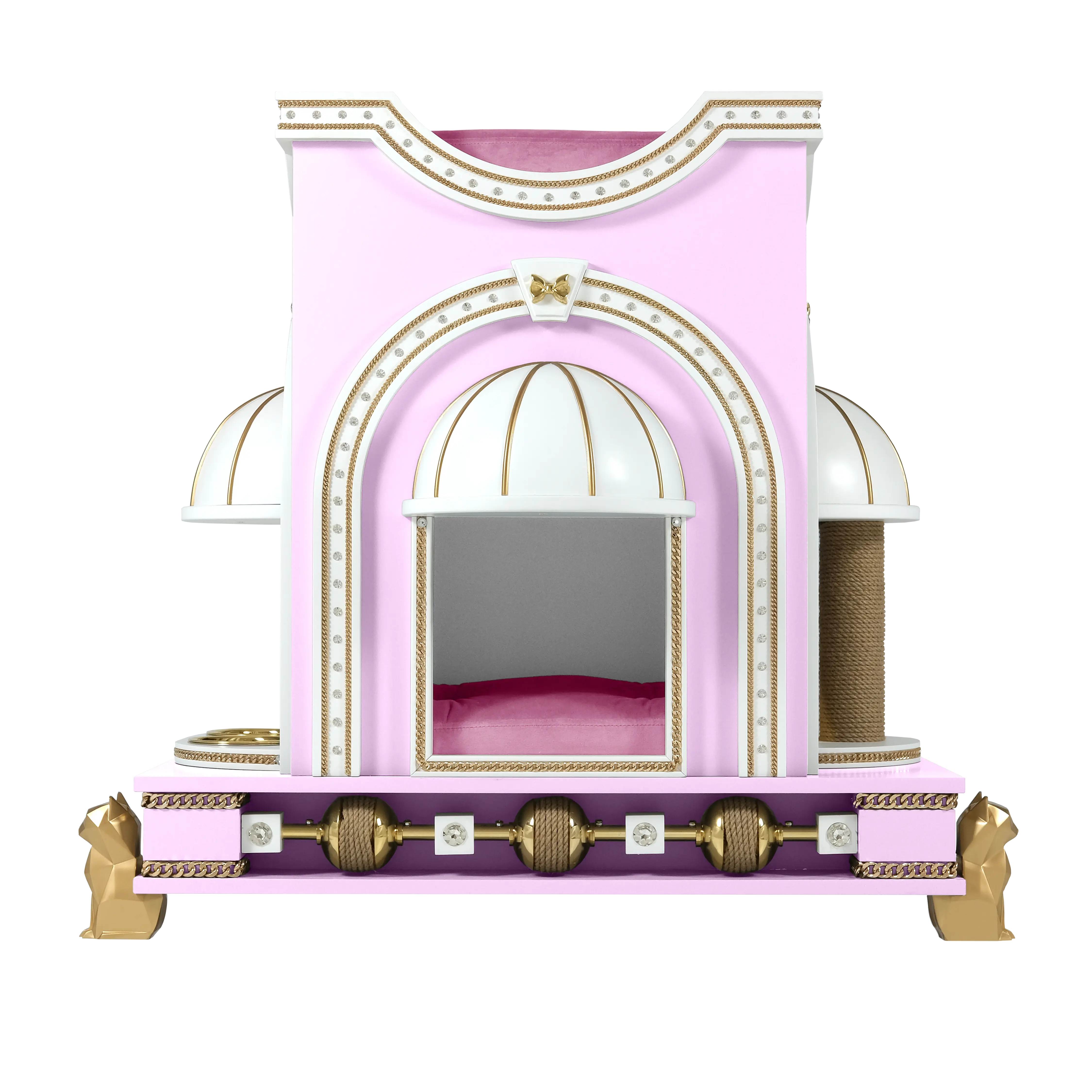 "Front view of the PRECIOUS designer indoor cat shelter, showcasing the spectacular architectural silhouette and elite FUROAR craftsmanship."