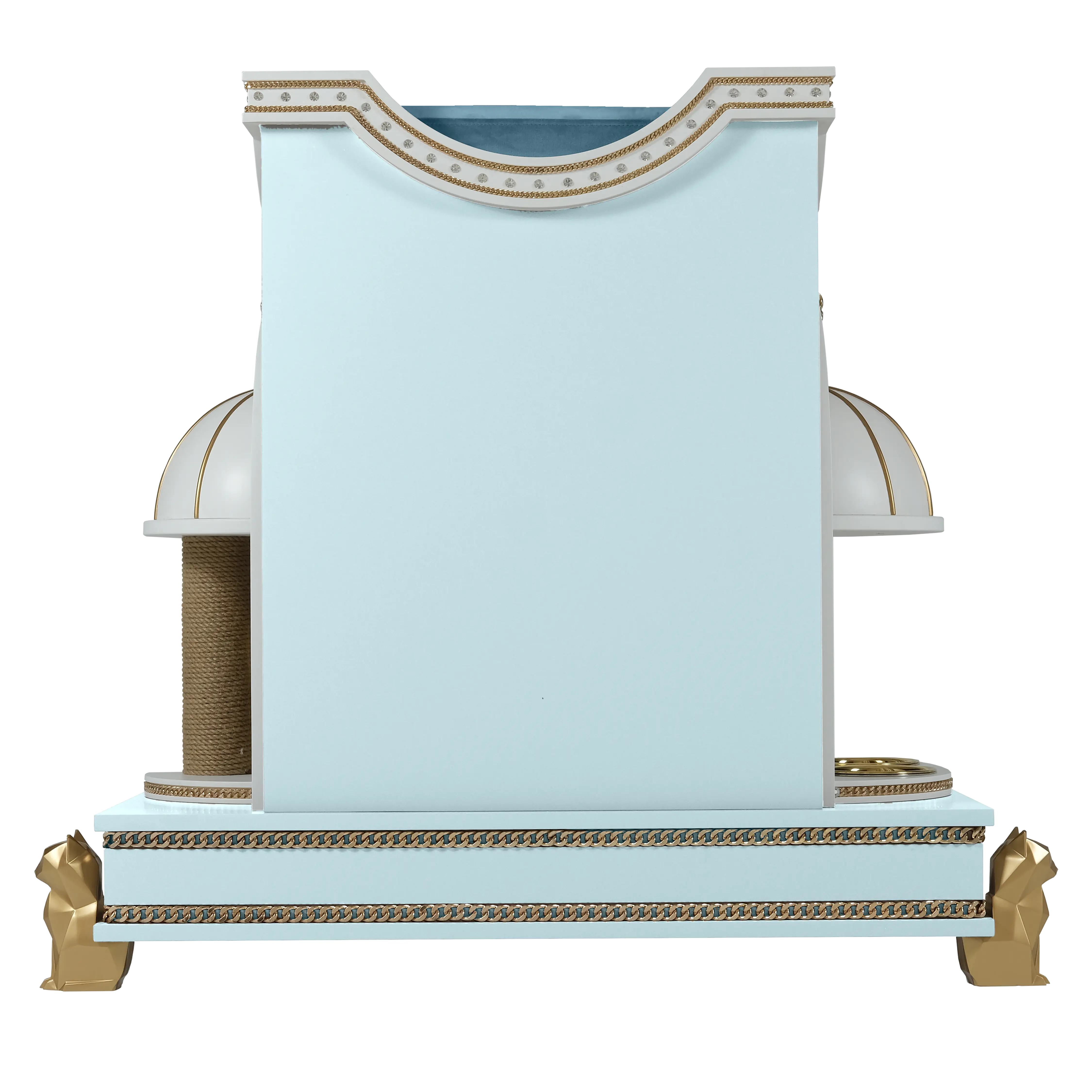 "Rear view of the PRINCIE cat house showcasing unique architectural leg support and the flawless balance of refined modern elegance."