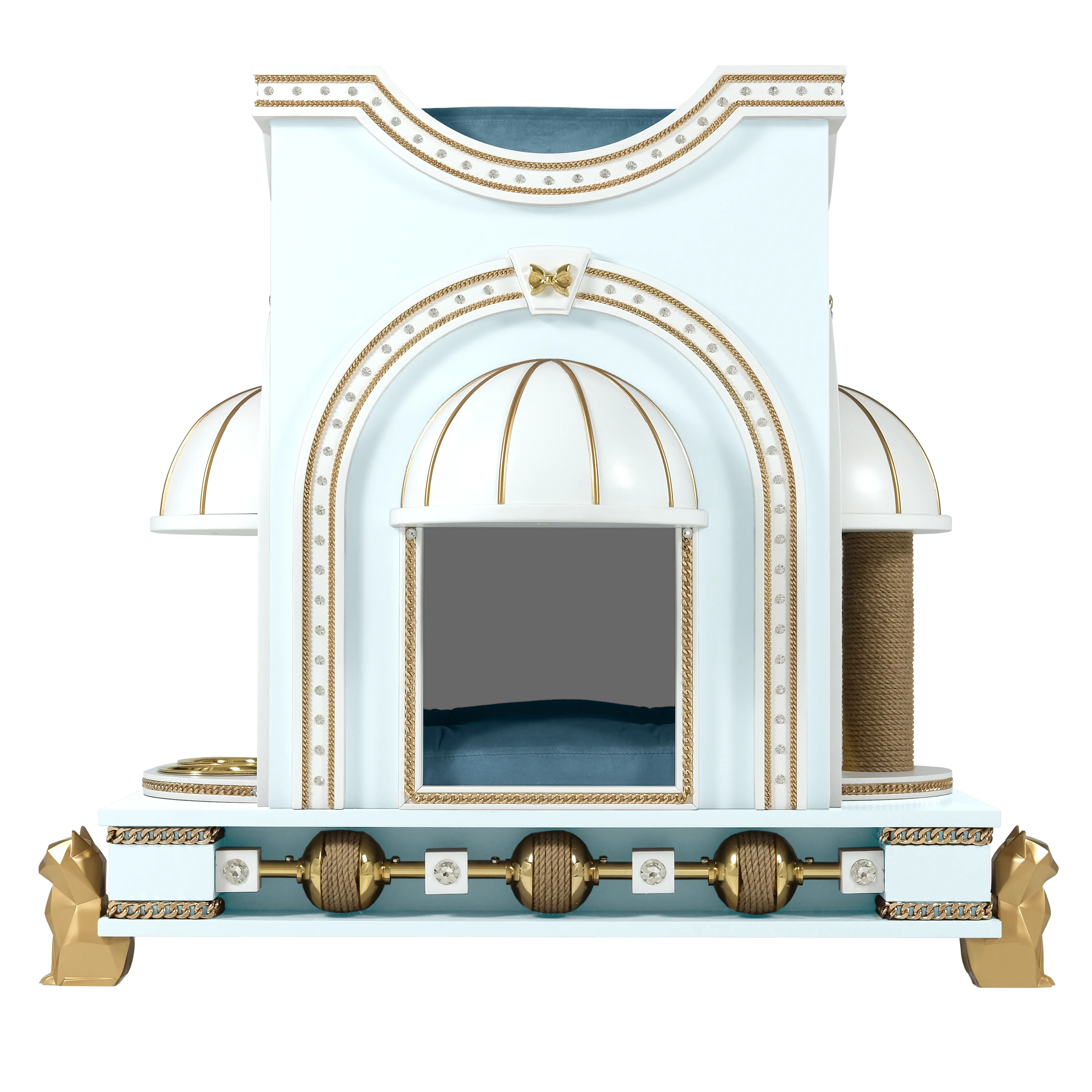 "Front view of the PRINCIE designer indoor cat mansion, showcasing the spectacular symmetry and elite FUROAR craftsmanship for a noble companion."