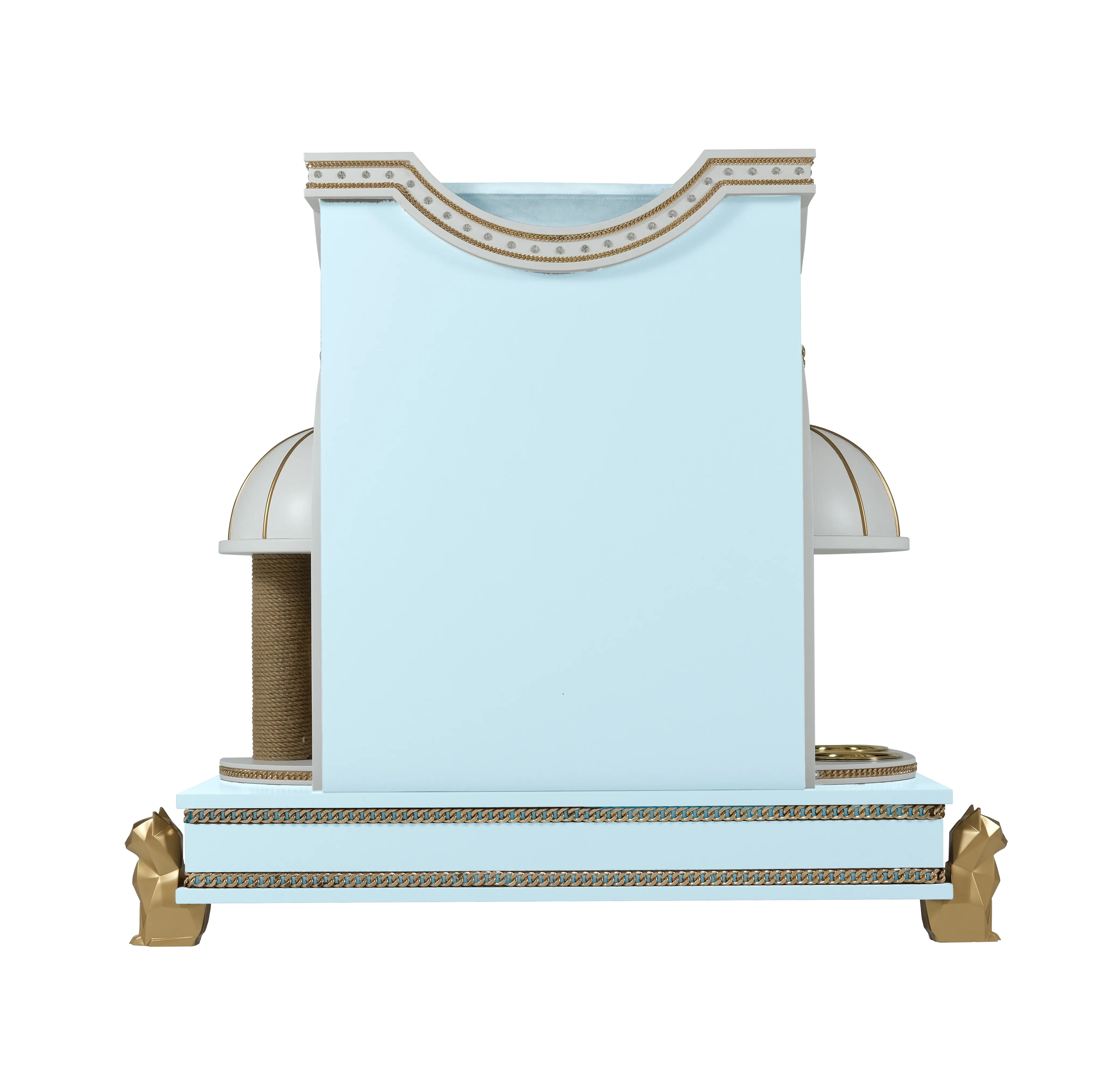 "Rear view of the REGINA cat house showcasing the unique architectural leg support and the flawless balance of refined modern elegance."