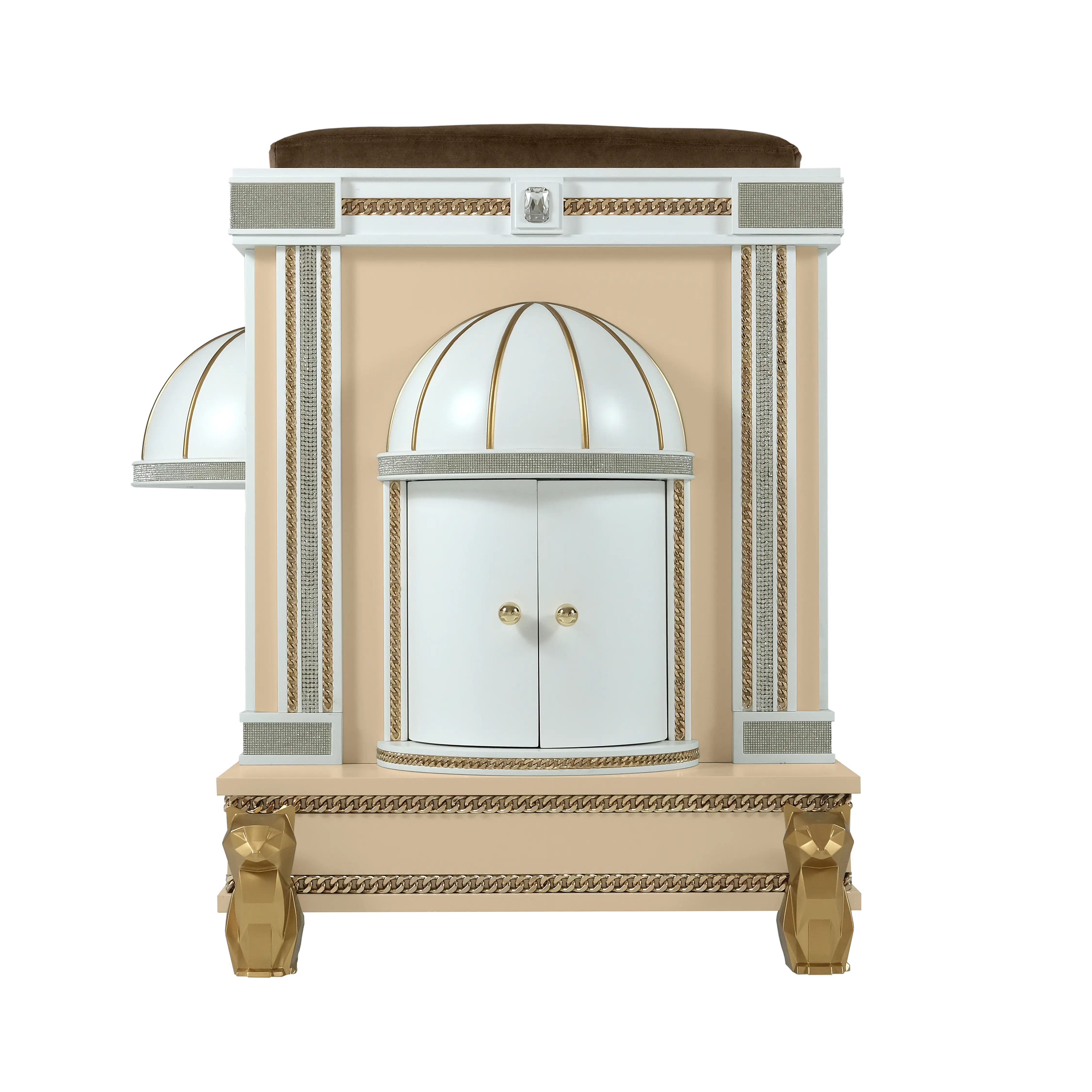 Close-up of the exquisite crystal and gold embellishments handcrafted onto the Rockstar designer cat house pet palace.