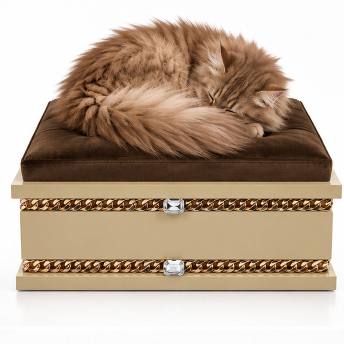 Sleeping long-haired ginger Persian cat on a brown velvet luxury cat bed with gold chain and crystal detailing.