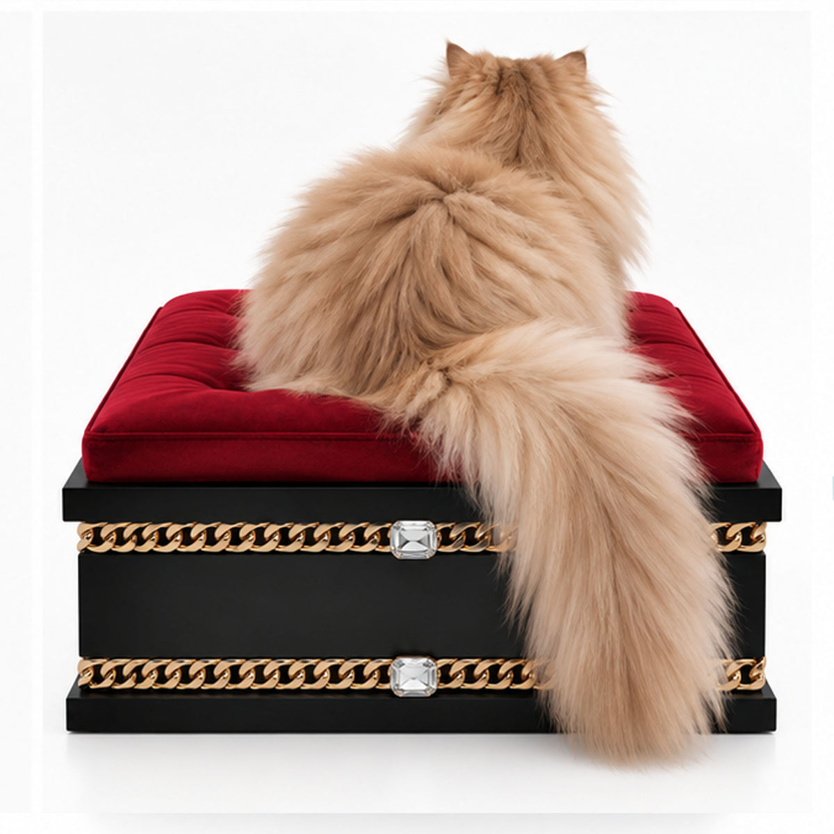 Long-haired ginger Persian cat sitting on a black and gold luxury pet bed with red velvet cushion.