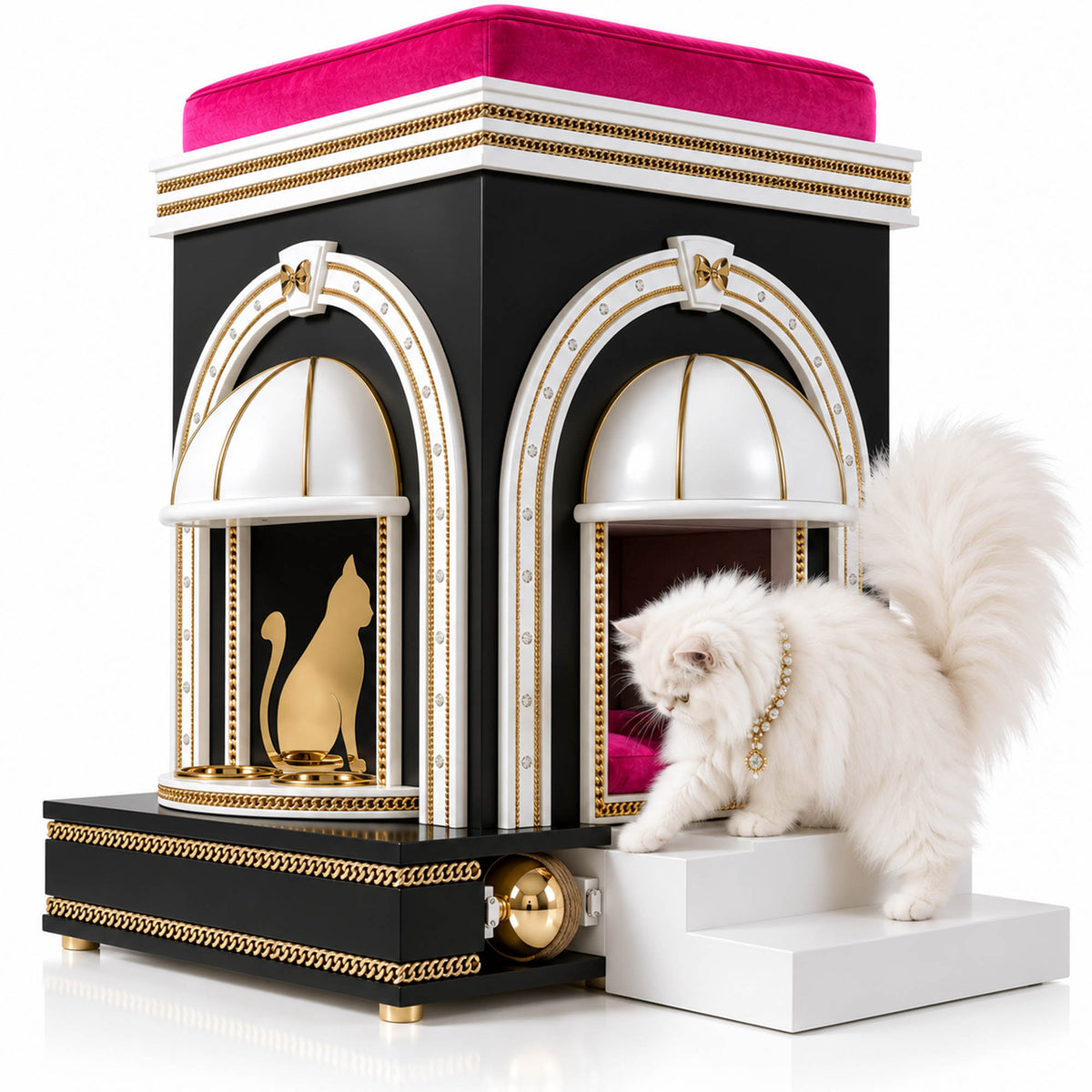 A luxury-style cat house with a white long-haired cat standing on its front step. The cat house features a black body with gold trim, white arched entryways, a bright pink velvet top, and a gold cat silhouette decoration inside one of the windows.