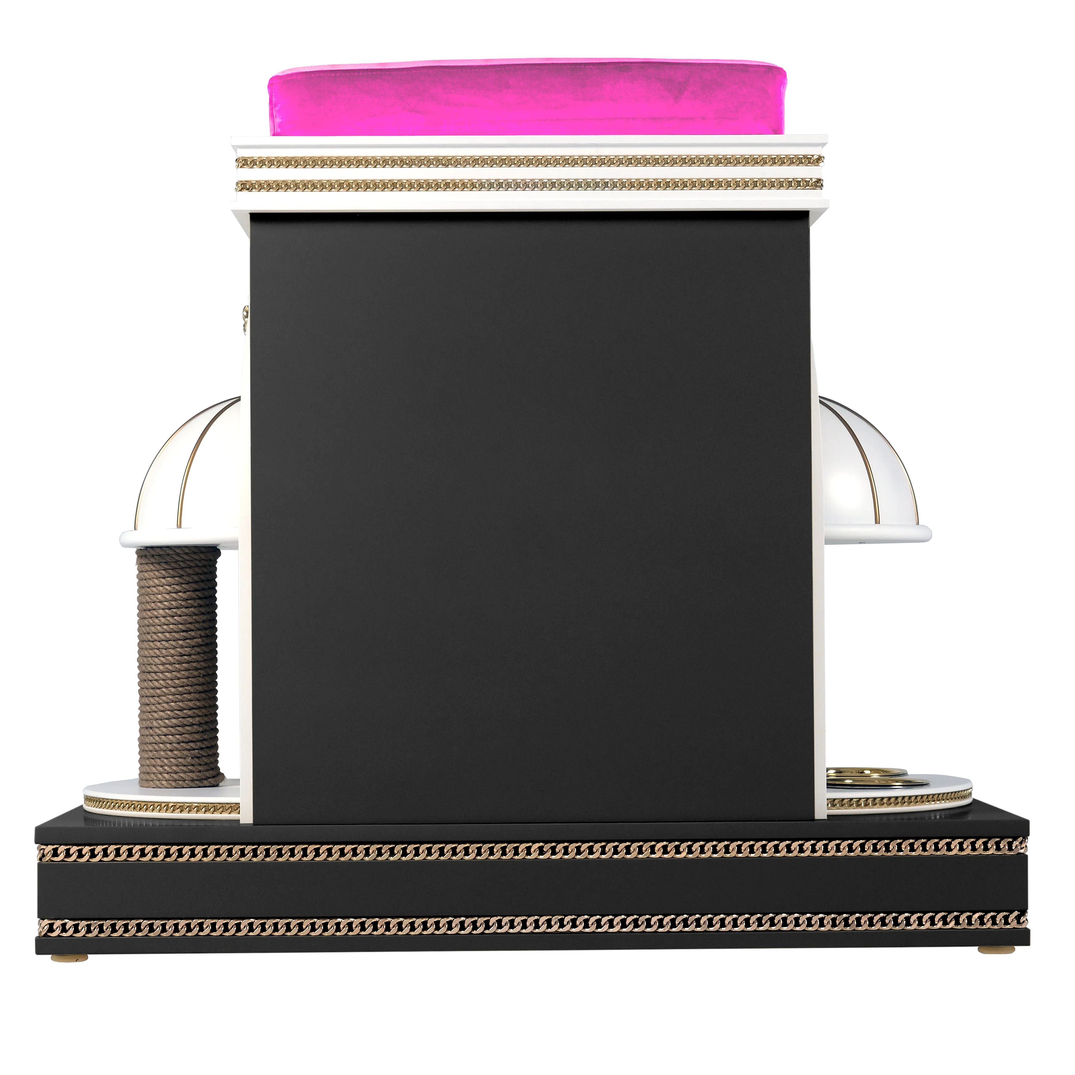 "Rear view of the ROXETTE architectural cat mansion structure, showcasing unique leg support and the flawless balance of refined modern elegance."