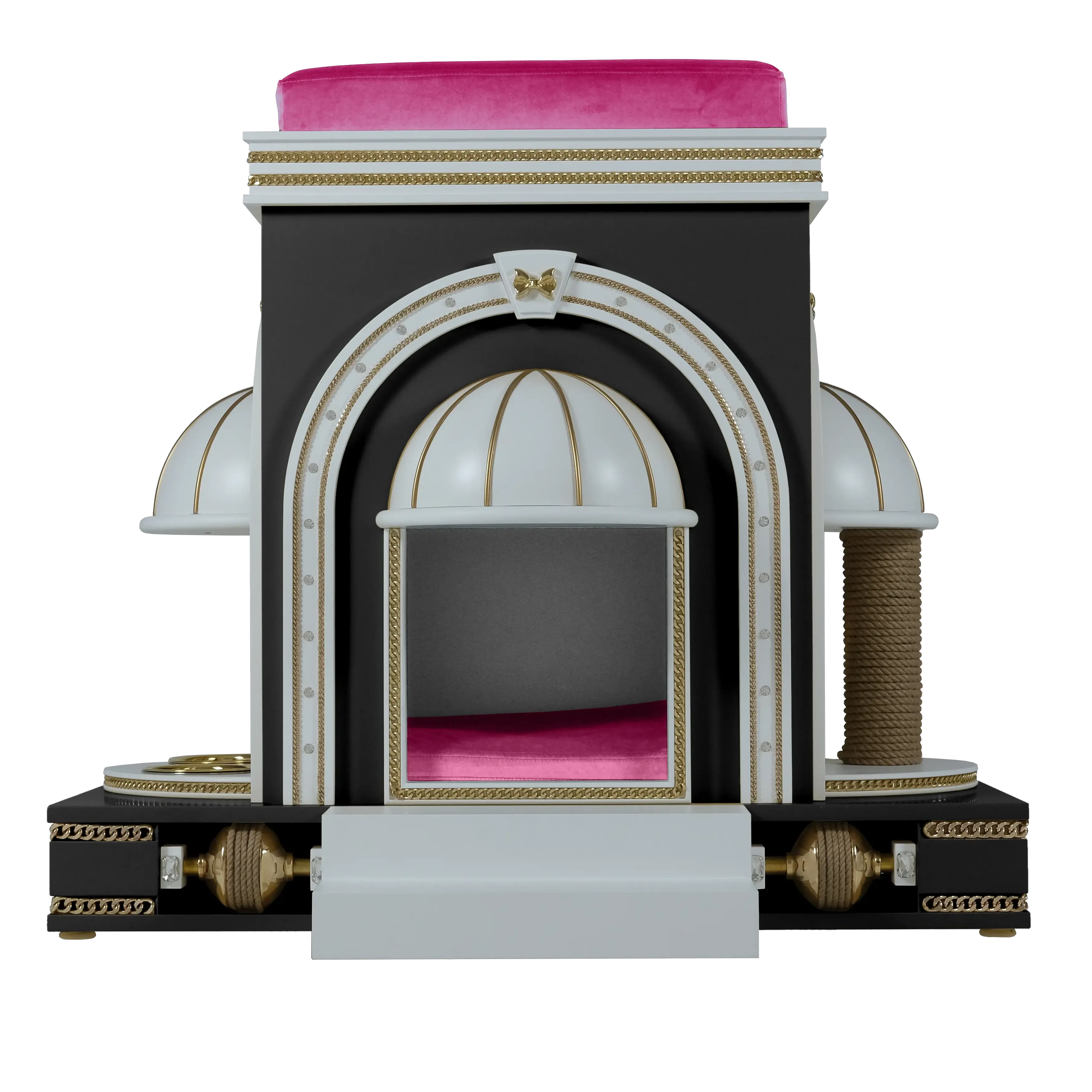 "Front view of the ROXETTE designer luxury cat mansion, showcasing the spectacular symmetry and elite FUROAR craftsmanship for a noble companion."