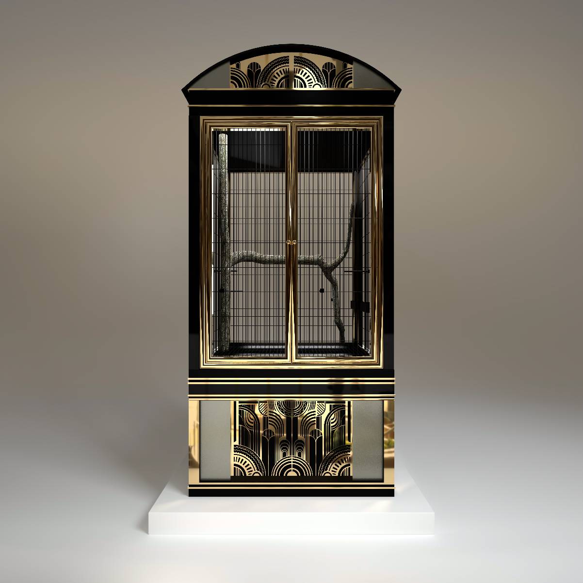 "Front perspective of the Salon d’Or bespoke luxury bird cage, showcasing intricate gold metal inlay  art deco patterns and an architectural frame designed for high-end modern interiors."