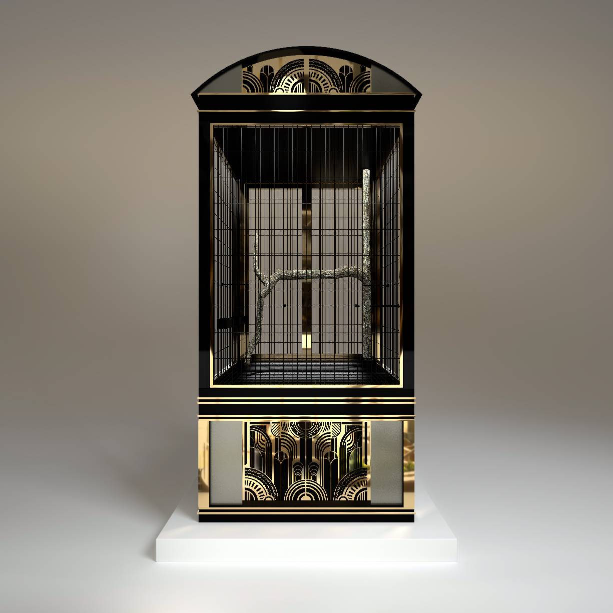 "Rear view of a luxury bird aviary showcasing the elegant curved roof design and seamless metal finishes characteristic of the Salon d’Or royal collection."