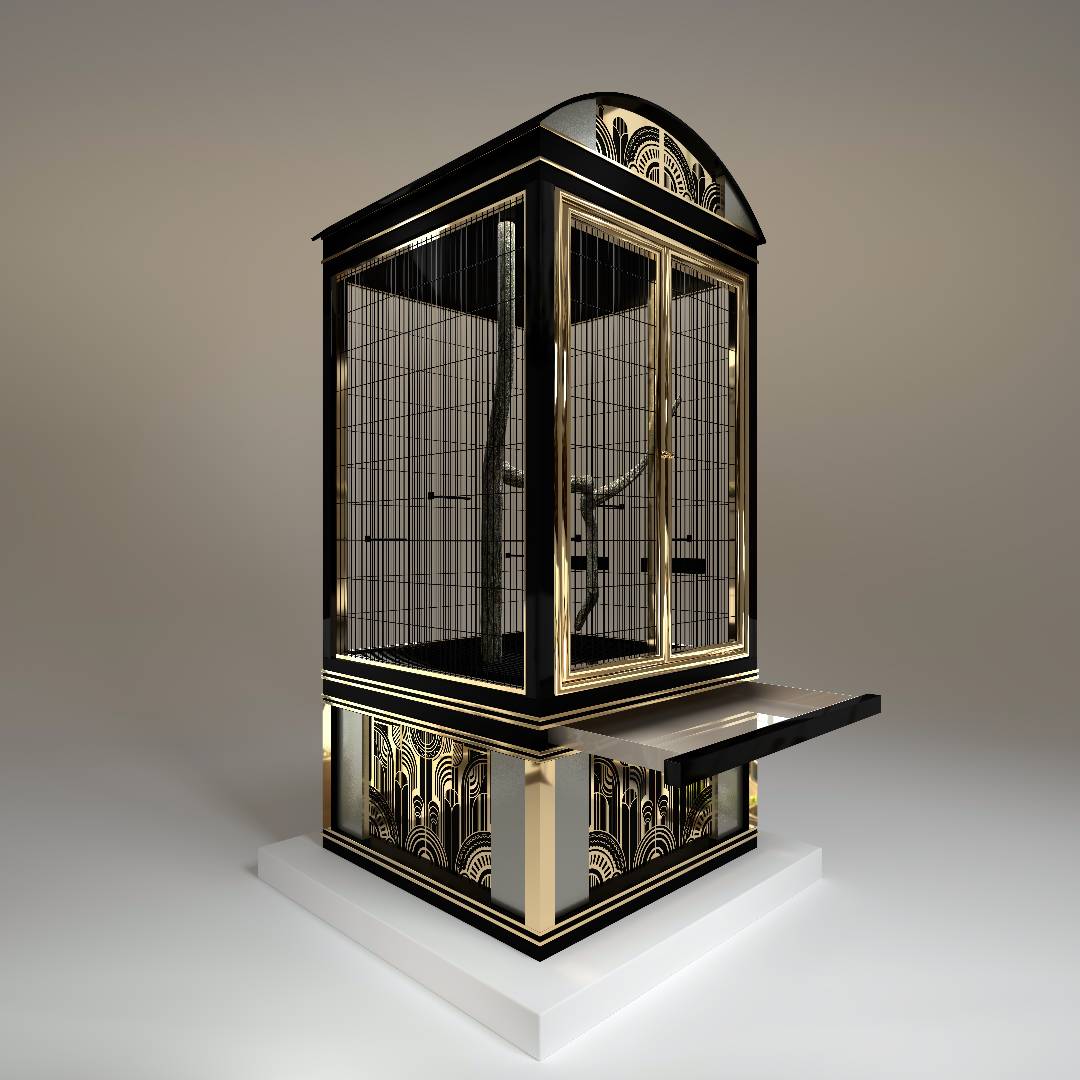 "Perspective shot of the Salon d’Or bird cage demonstrating the functional luxury of the integrated pull-out cleaning tray for effortless maintenance."