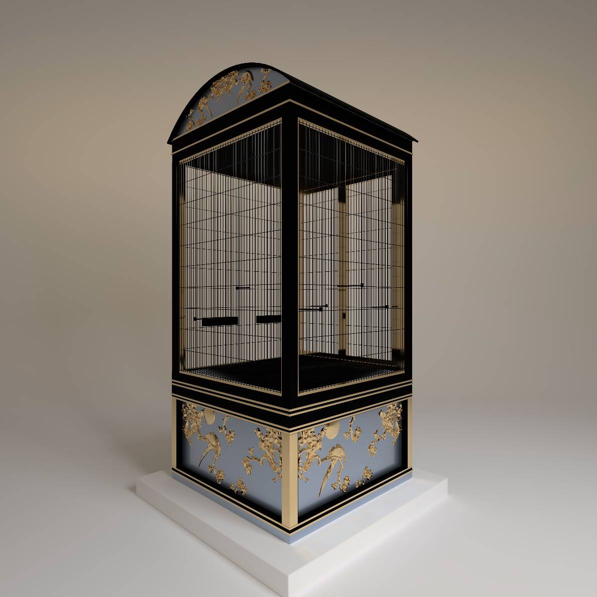 Salon Prive royal bird cage by FUROAR rear panels Art Deco geometric design elite exotic bird sanctuary 