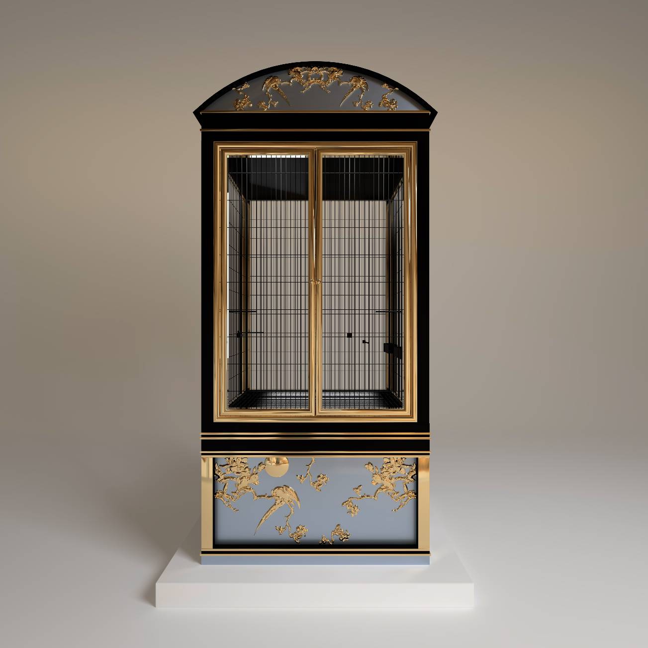 "Elegant front view of the Salon Privé luxury bird cage, an exclusive royal designer sanctuary crafted for exotic birds in elite indoor estates."