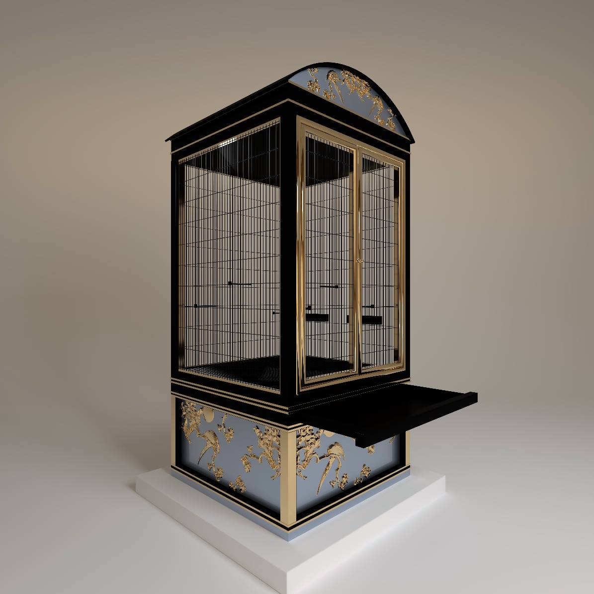 Salon Prive luxury bird cage by FUROAR perspective view 24k gold accents and pull-out cleaning tray