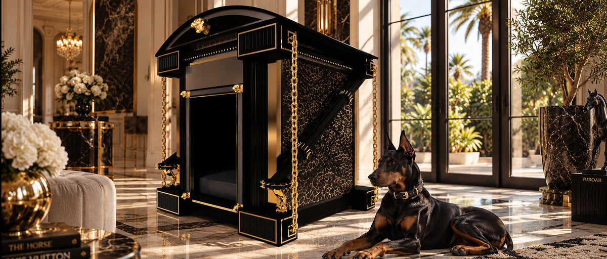 Luxury black-and-gold FUROAR dog kennel with a Doberman in an opulent mansion interior featuring marble floors, gold detailing, arched windows and warm natural light.