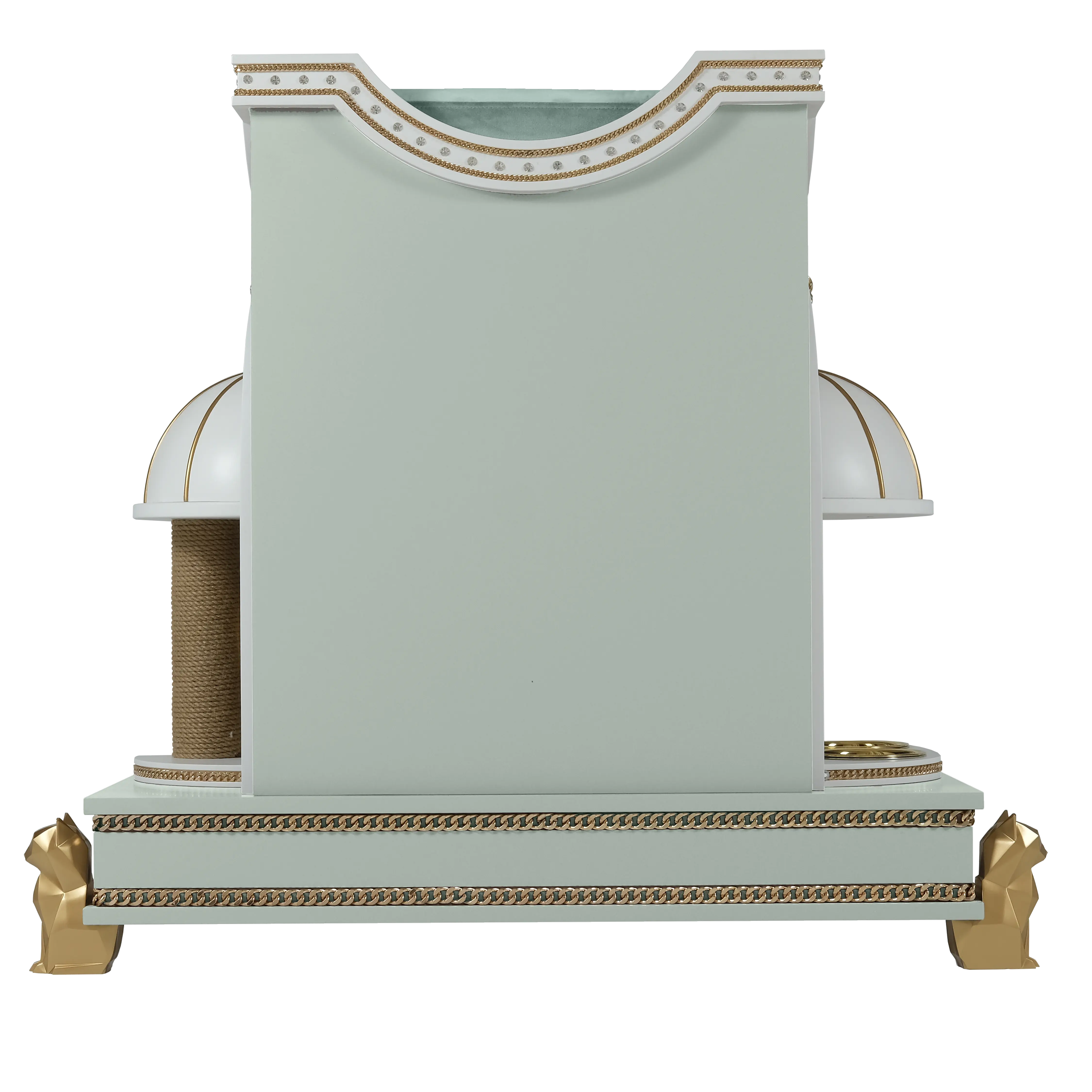 "Rear view of the SUGAR cat house showcasing unique architectural leg support and the flawless balance of refined modern elegance."