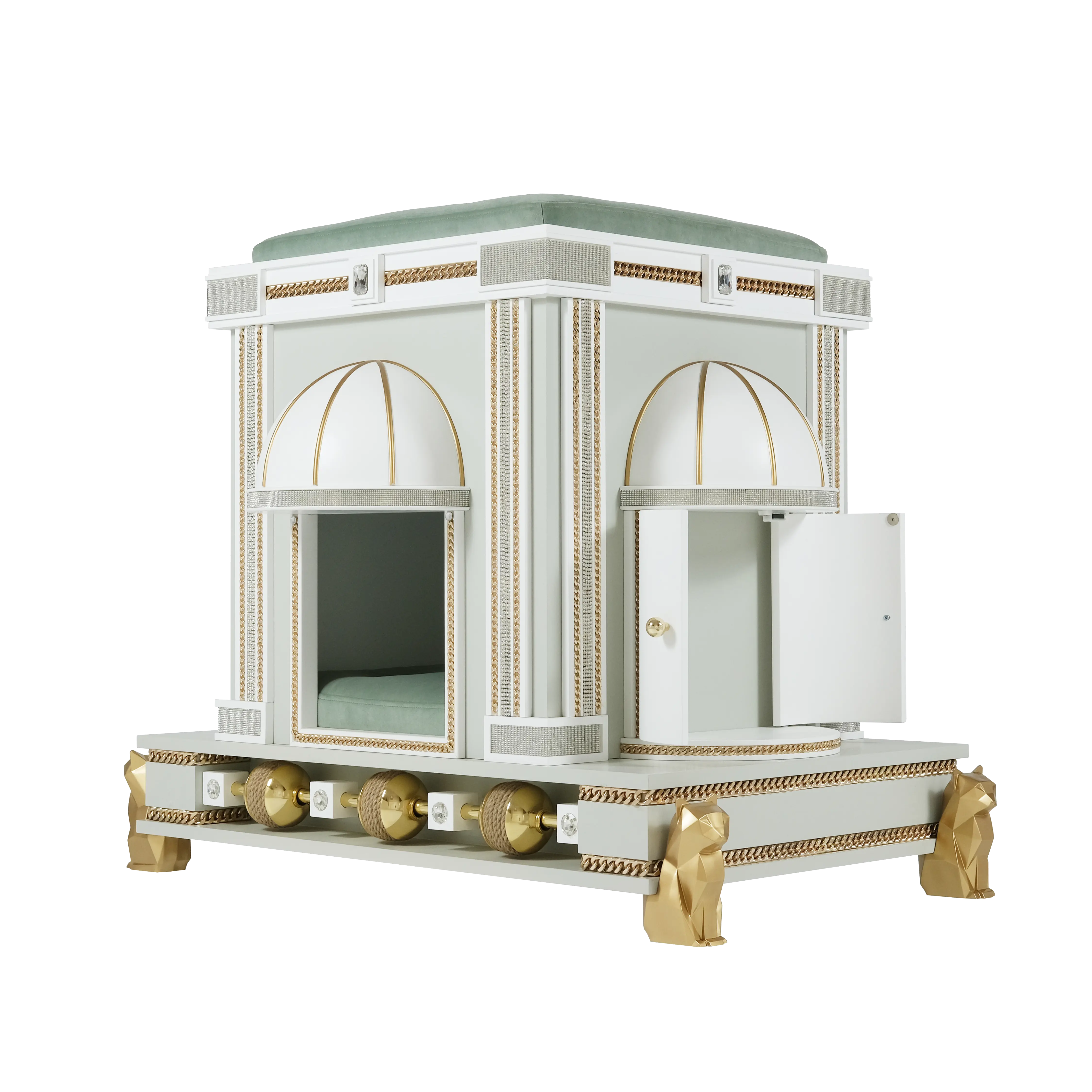 "Detailed view of the TAYLOR luxury side closet niche, providing bespoke storage within an elite modern designer pet palace."