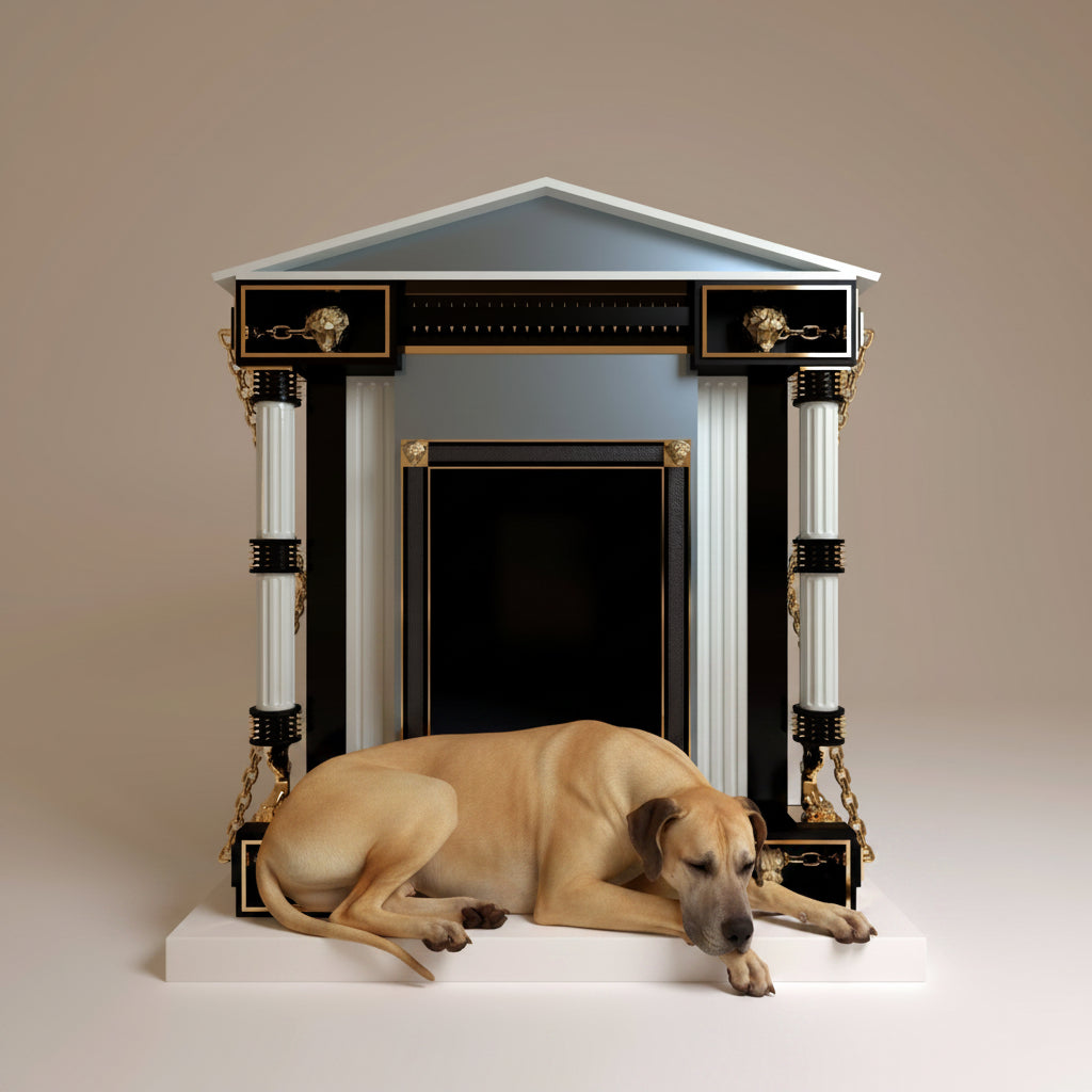 "The grand front view of The Baron Sovereign royal kennel, a bespoke luxury dog house designed for the noble pet with an elite architectural silhouette."