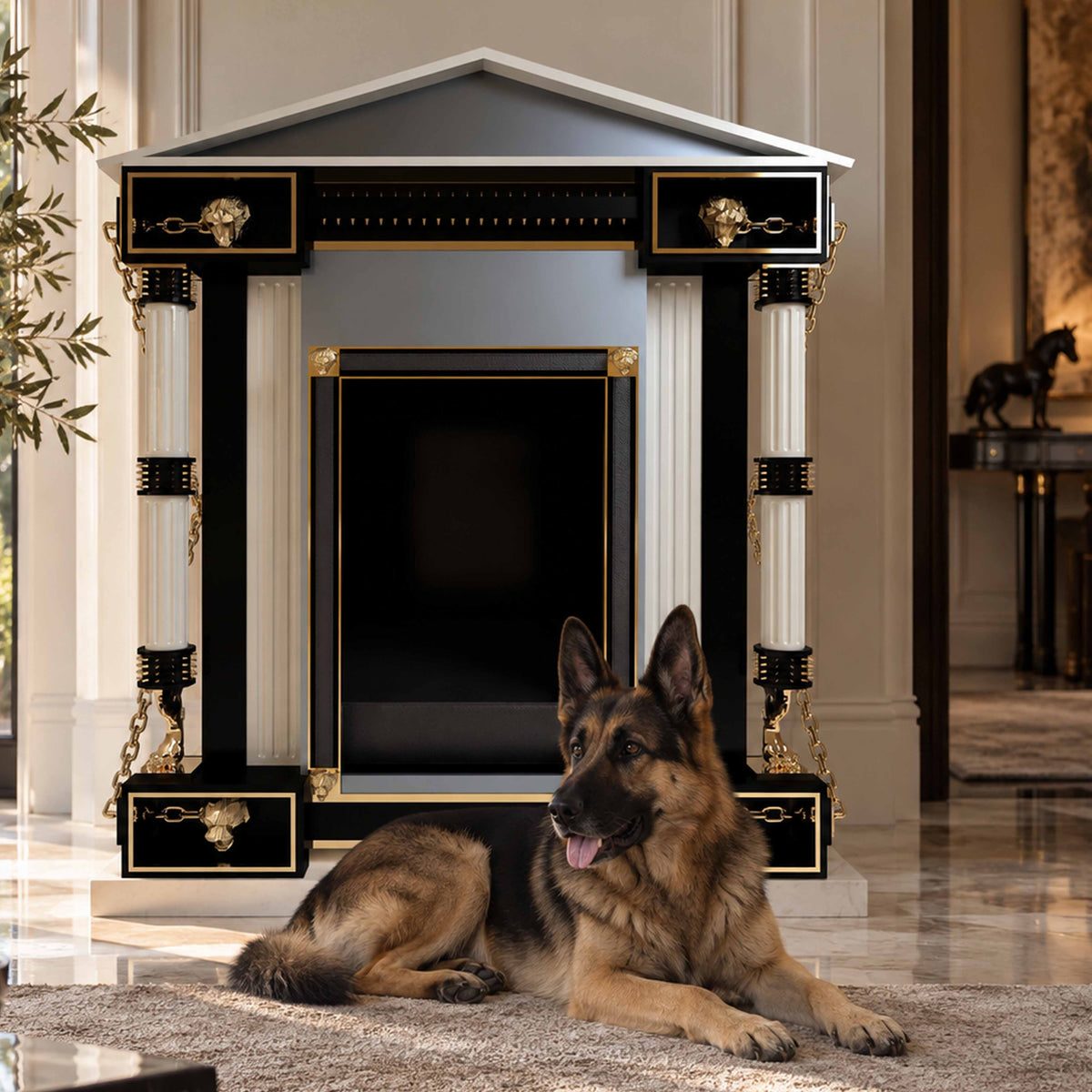 FUROAR luxury designer dog kennel in black, ivory and gold, styled in an elegant contemporary interior with a realistic German Shepherd resting in front, surrounded by marble flooring and refined luxury décor.