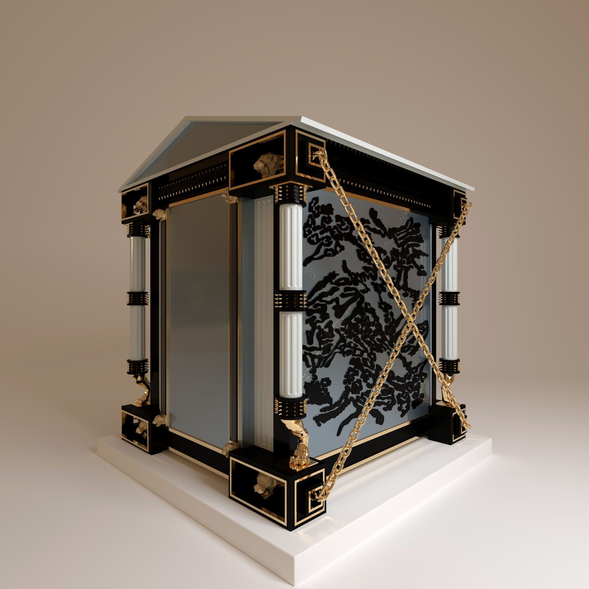 "Detail shot of the kennel pillars adorned with 24 carat gold studs, emphasizing the power and royal craftsmanship of this bespoke designer dog house."