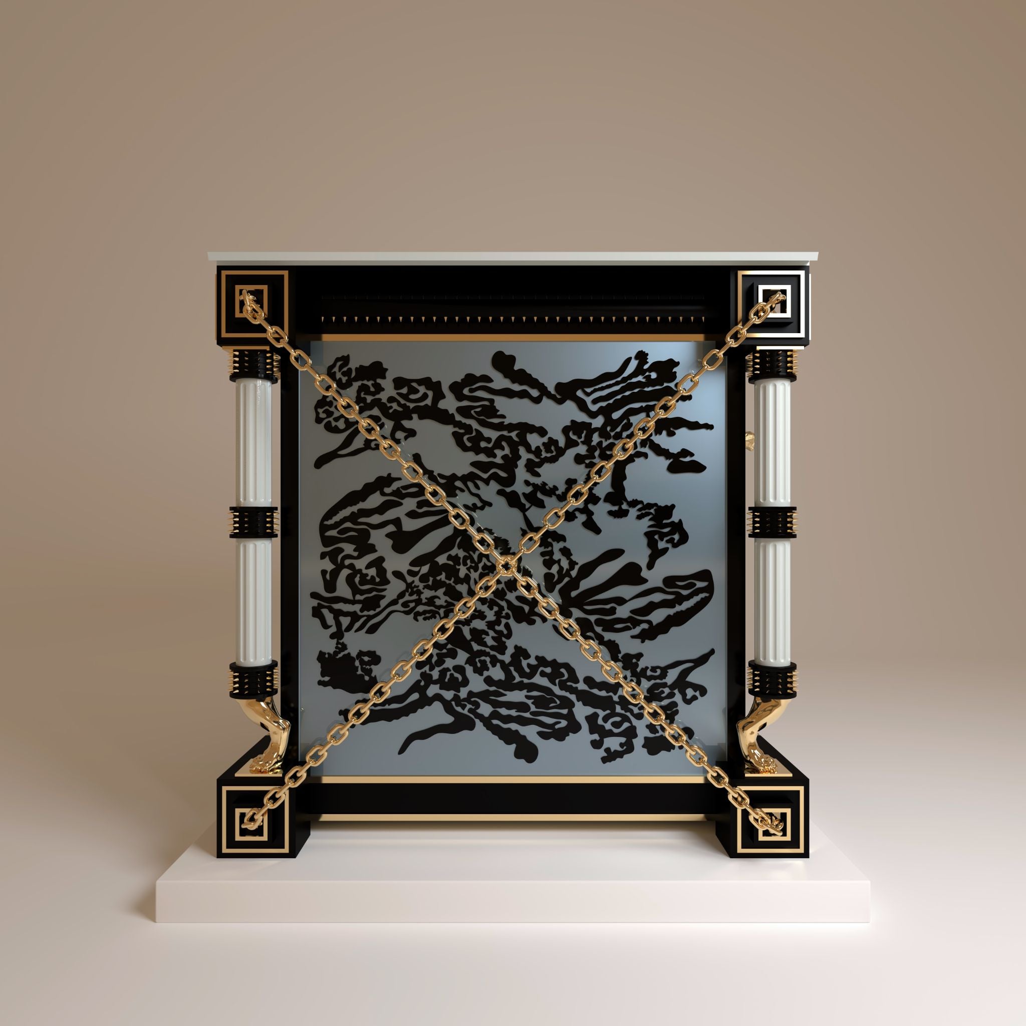 "Architectural side view of The Baron kennel featuring a structural chain detail, symbolizing the power and security of this sovereign exotic dog sanctuary."