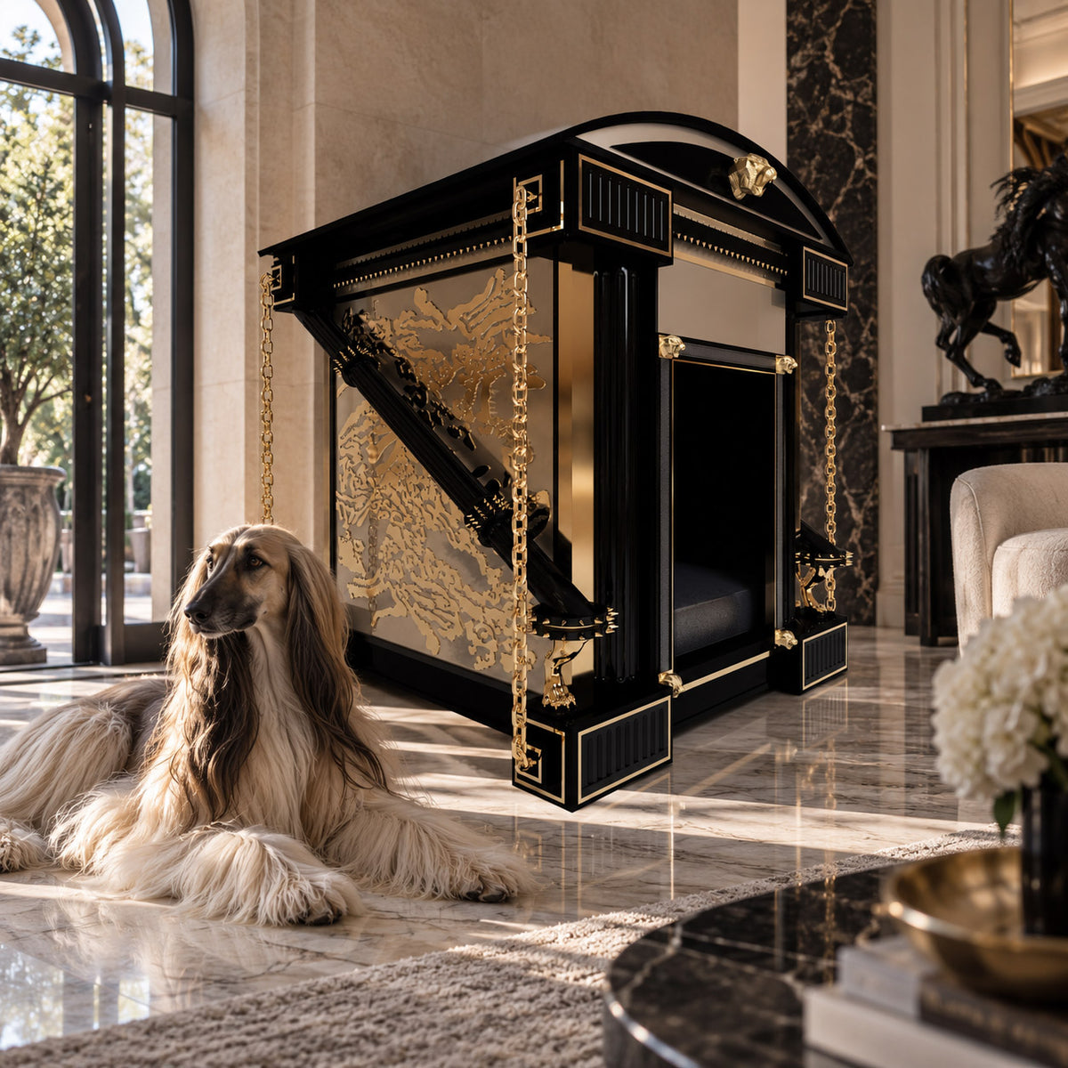 Photorealistic Afghan Hound resting beside an opulent black-and-gold FUROAR luxury dog kennel with sculptural architectural detailing and gold chains, displayed in an elegant marble interior with warm natural light.