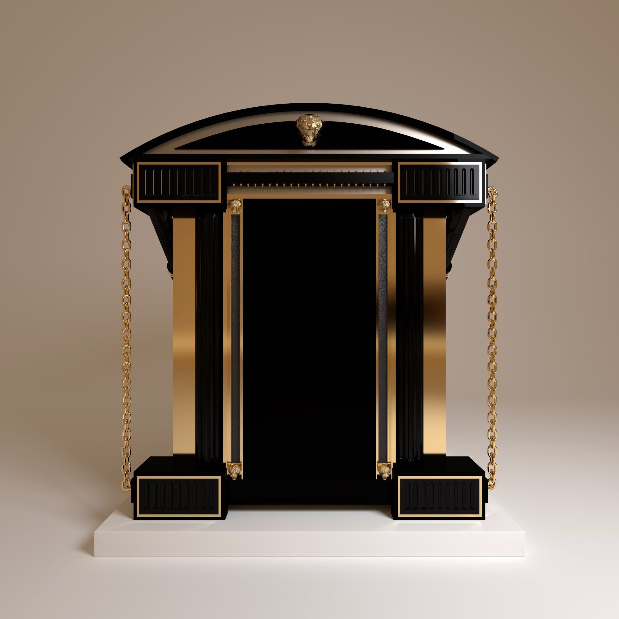 "Full rear view highlighting the ultra modern luxury of gold stainless steel details balanced with the smooth, refined patina of the Chancellor Estate."