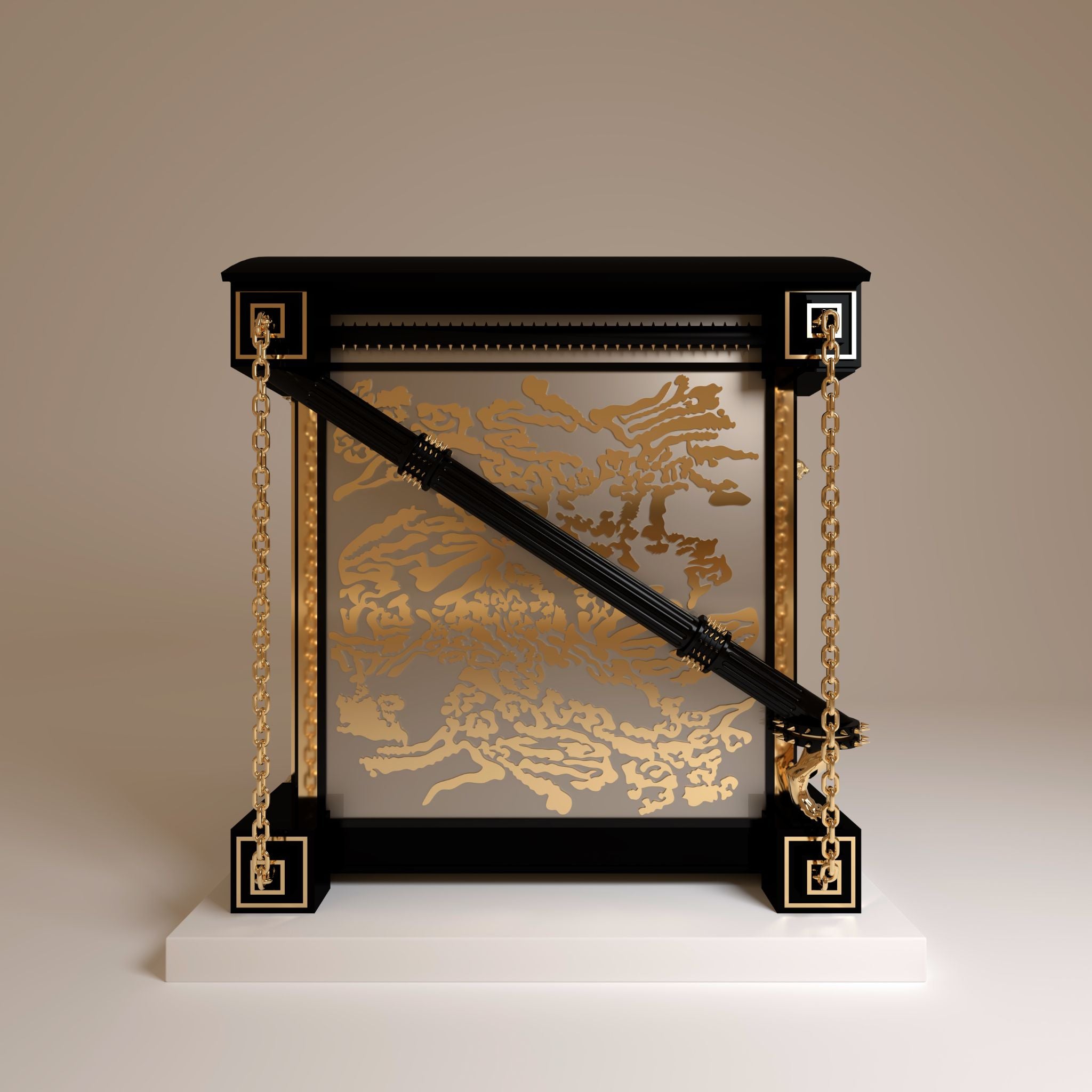"Side elevation of the Chancellor kennel, where ultra modern luxury design meets the wild tiger inlay and suspended 24k gold chains."