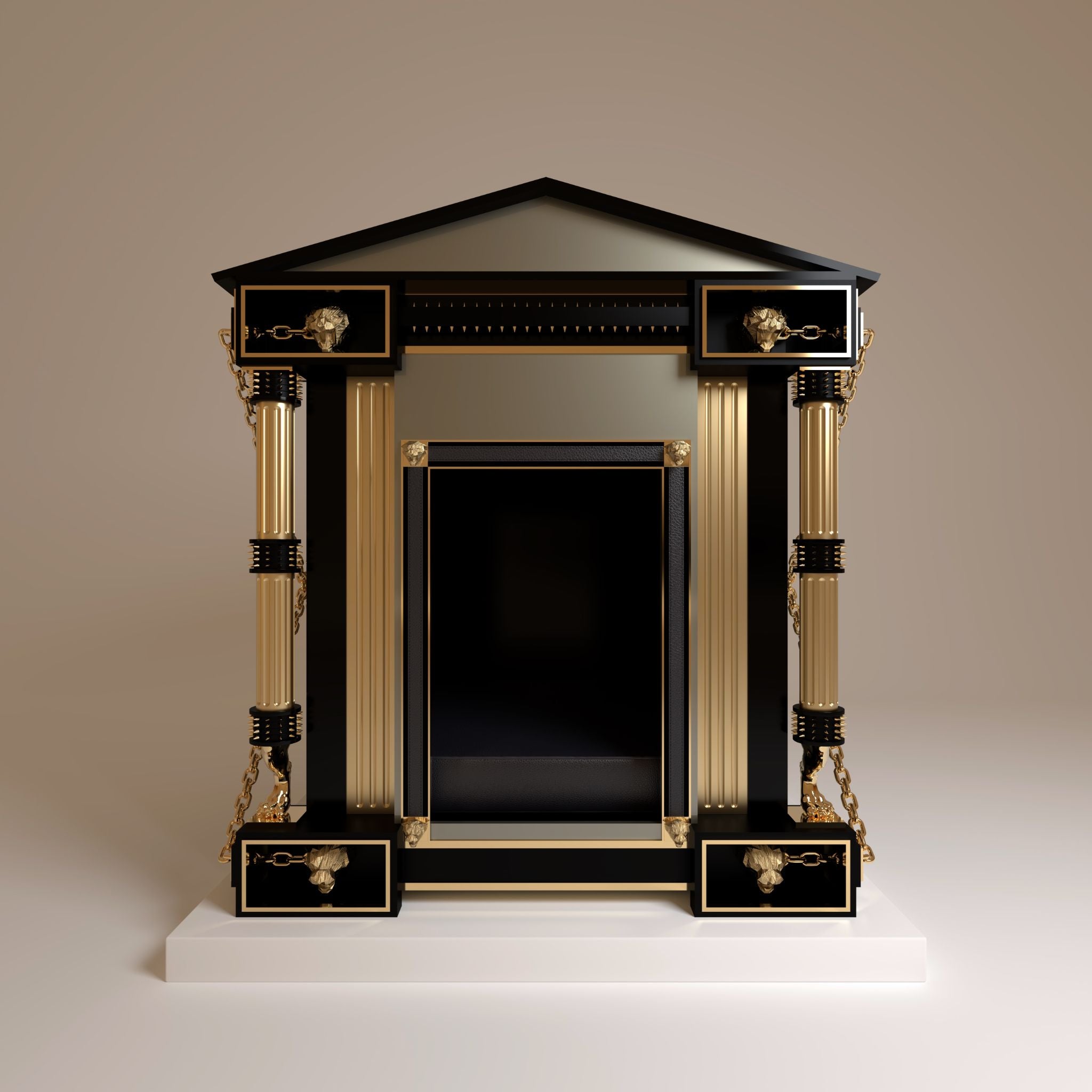 "Close-up of classical kennel architecture, showcasing a designer's exotic touch and refined modern elegance that balances the tamed royal aesthetic."