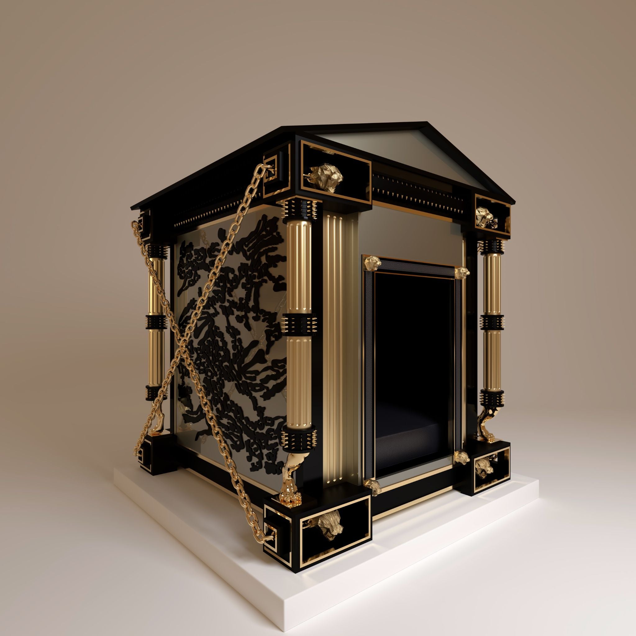 "Side view of a luxury dog kennel featuring a wild tiger design inlay, encased in a frame of refined modern elegance and 24k gold."