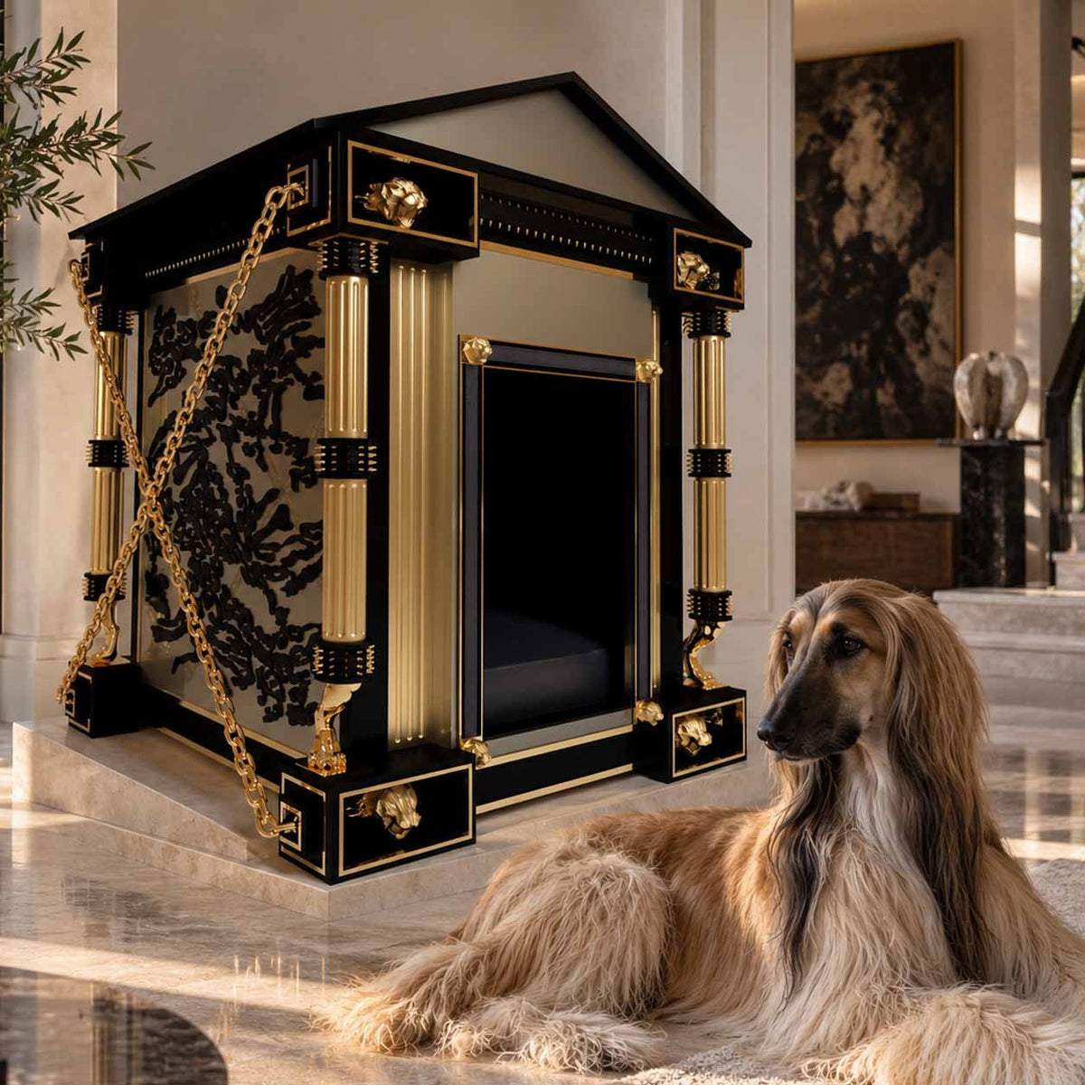 FUROAR luxury architectural dog kennel in black and gold, displayed in an elegant contemporary interior with polished marble floors and a long-haired Afghan Hound resting beside it.