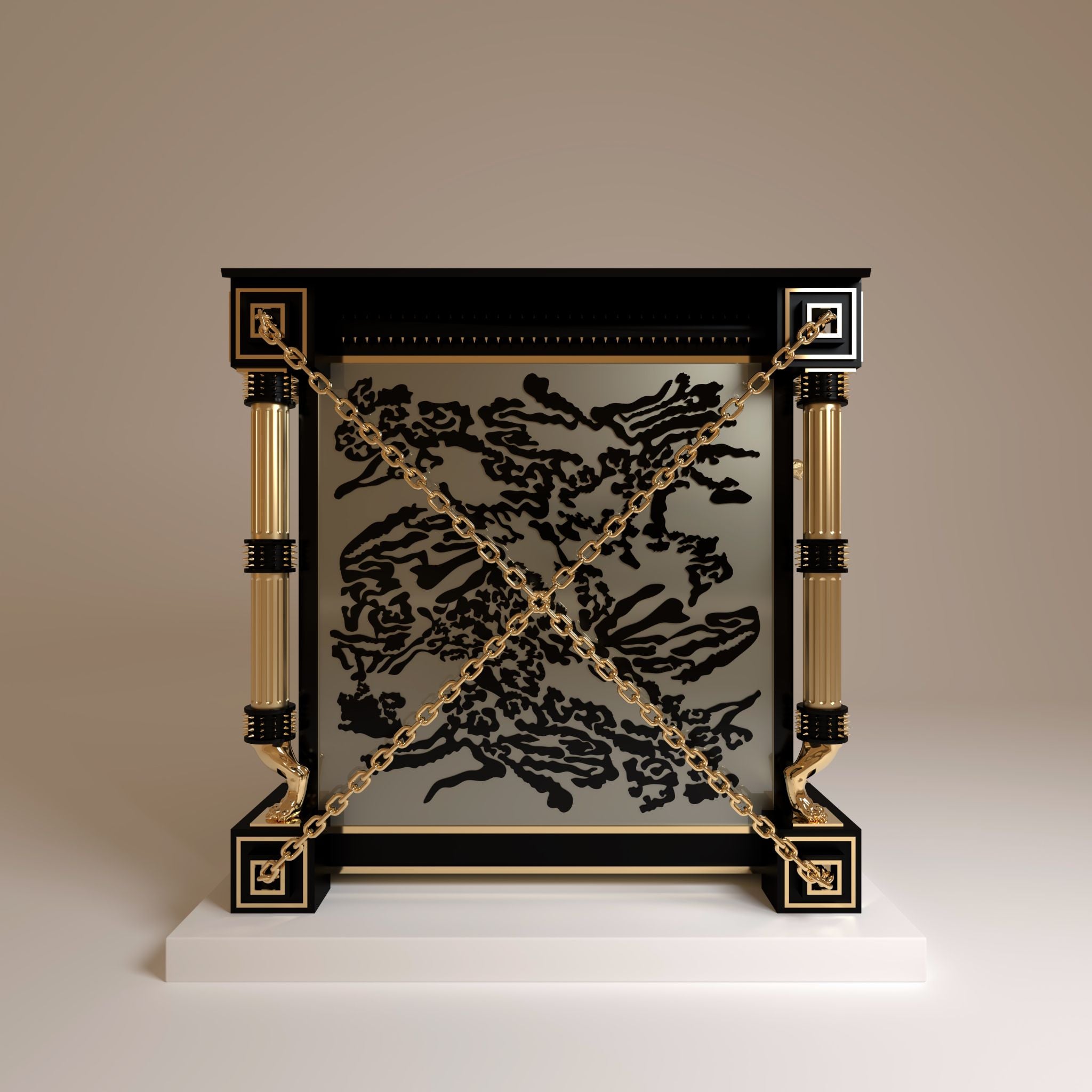 "Architectural side view of The Earl kennel showing a structural chain, a powerful detail integrated into a silhouette of refined modern elegance."