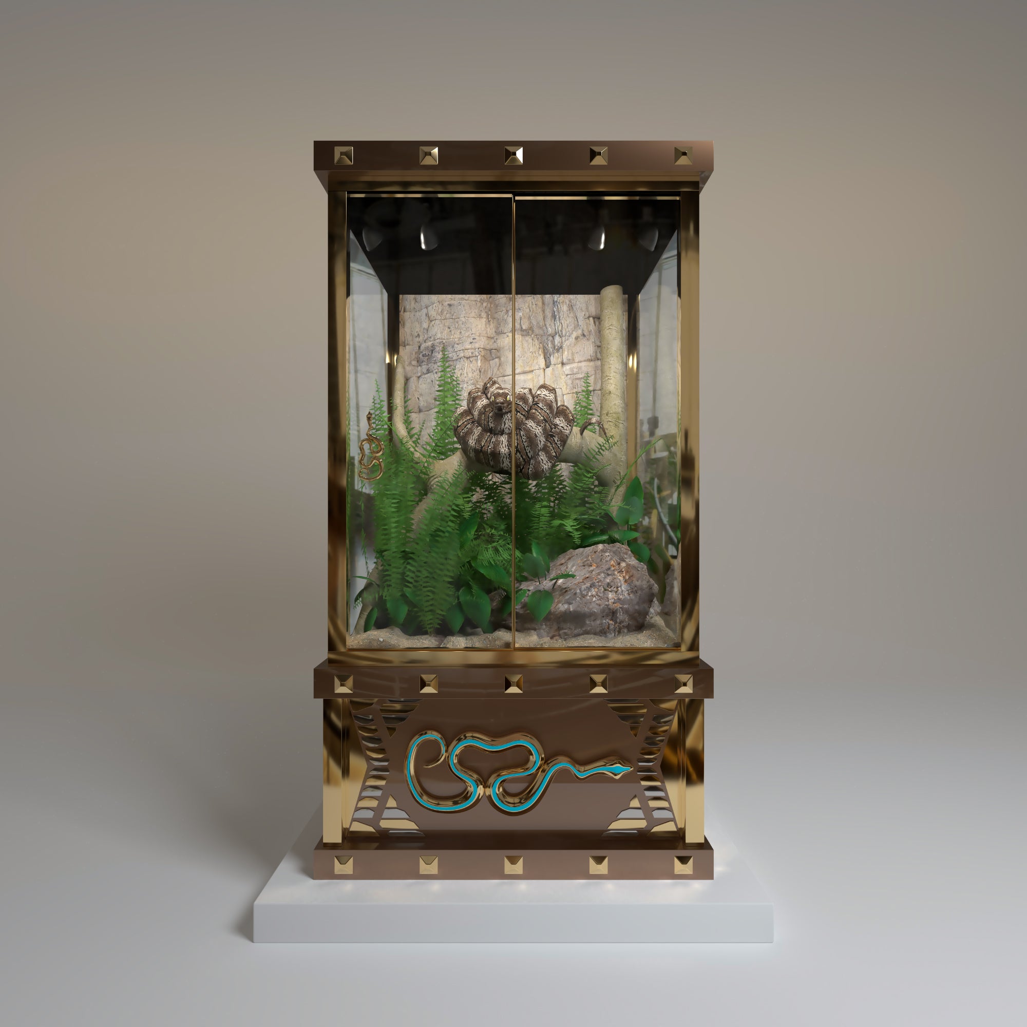 The elegant The Forbidden vivarium by FUROAR featuring a gold snake emblem detail.
