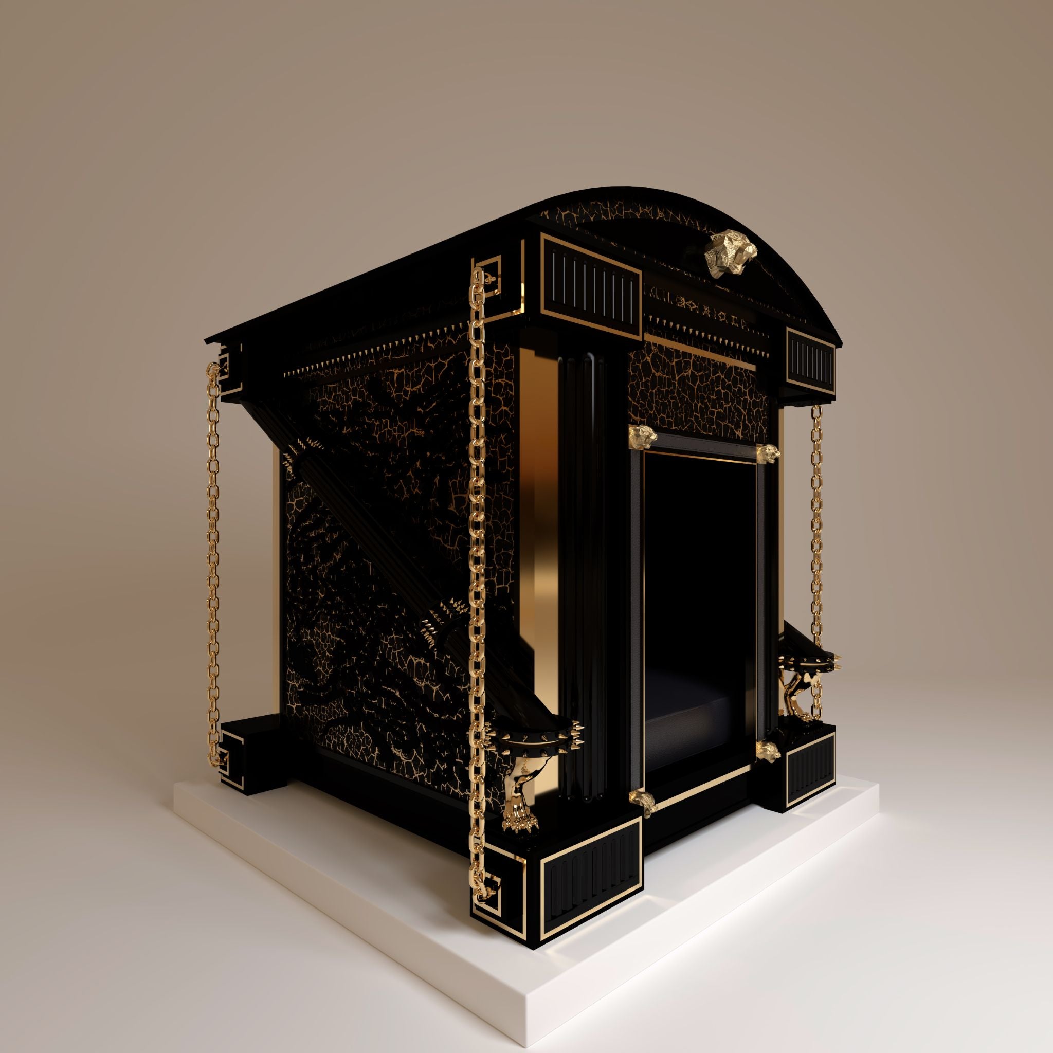 "Side profile of the barrel-vaulted roof in a black gold crackle designer finish, blending classic architecture with spectacular modern luxury."