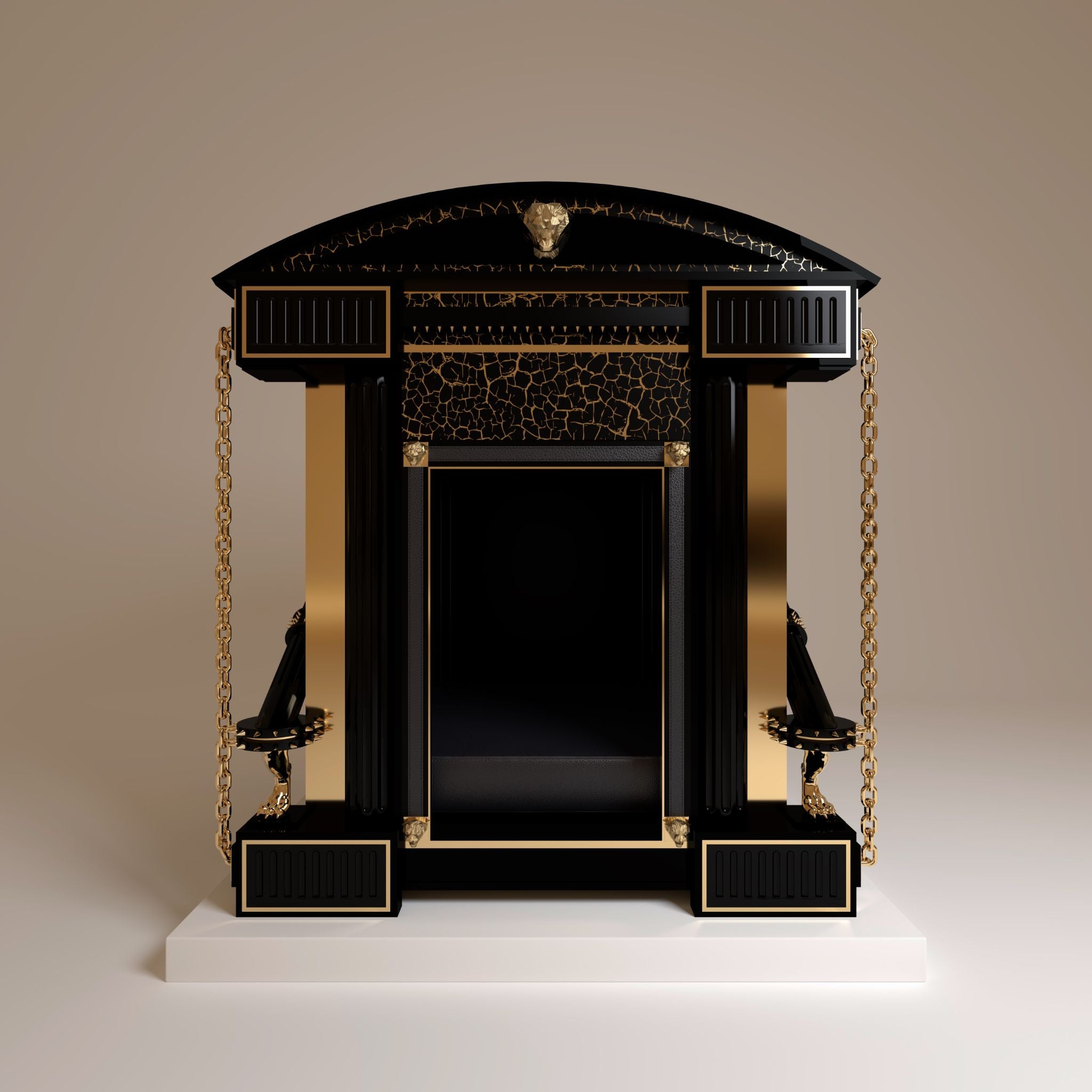 "Intricate entrance of the Bastion showing the black gold crackle texture and royal FUROAR 24k gold panther heads for an exotic, noble companion."